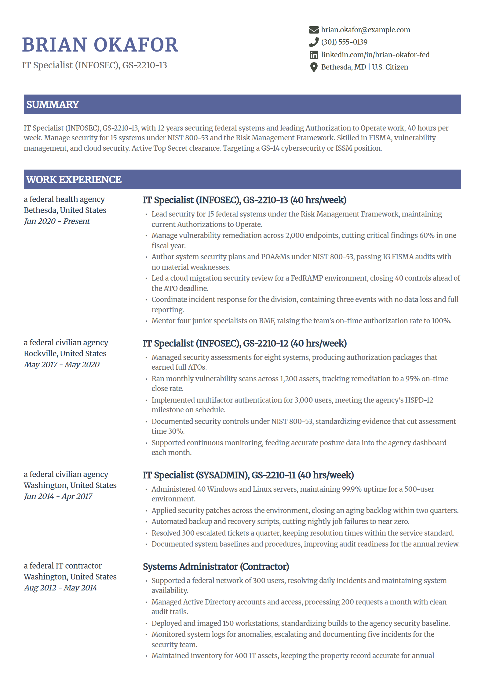 Federal IT specialist 2210 resume example in the Catalyst template