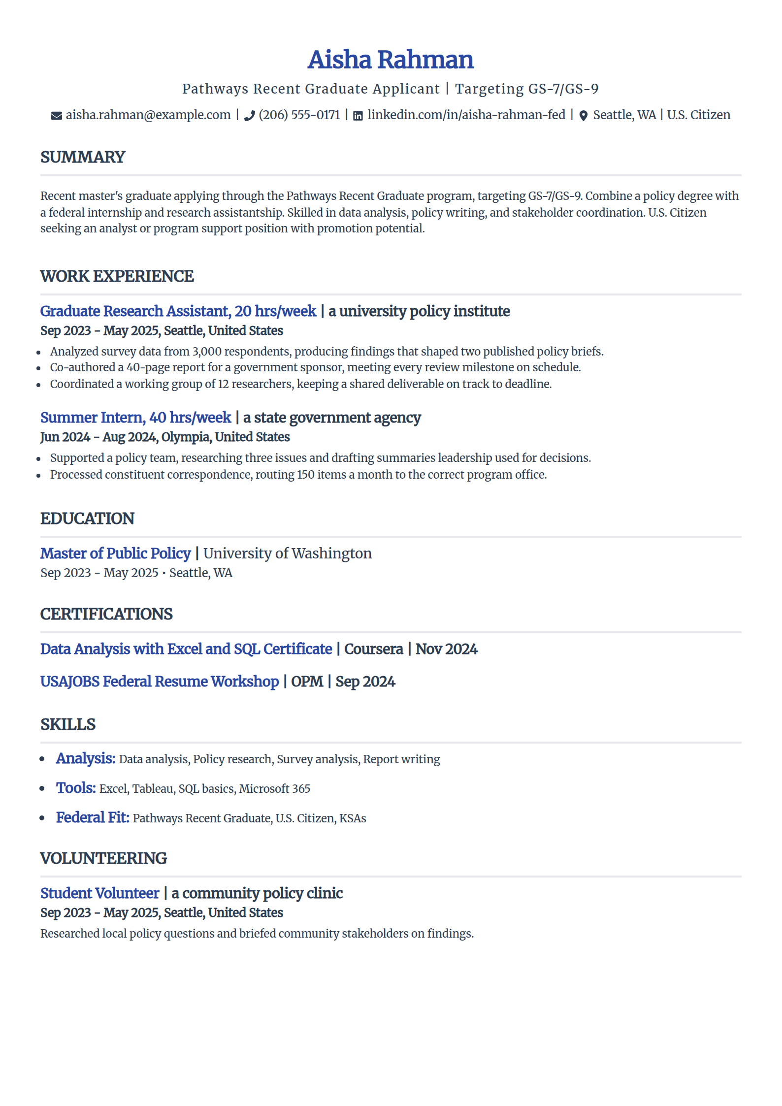 Pathways recent graduate federal resume example in the Simple template