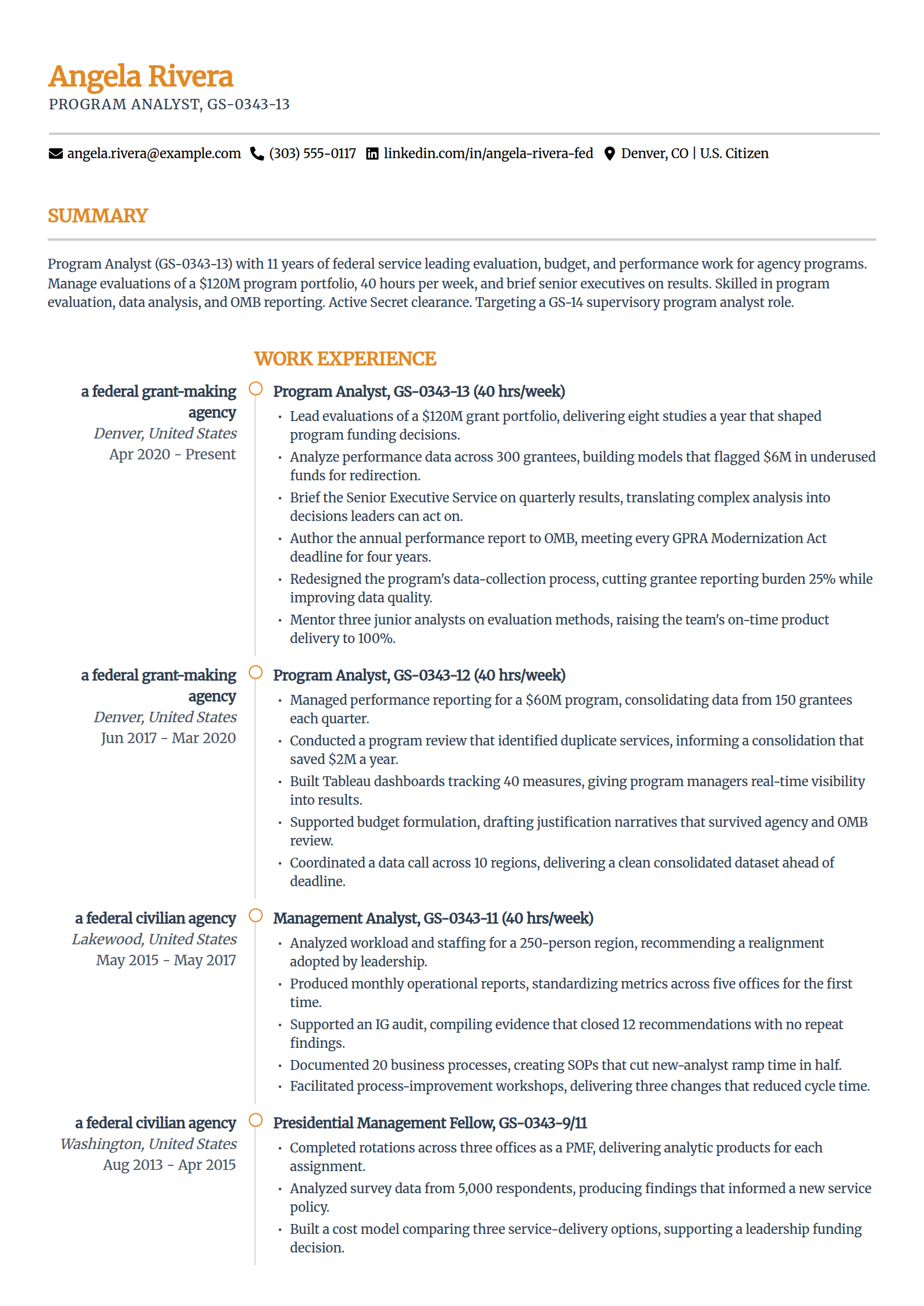 Federal program analyst 0343 resume example in the Zenith template
