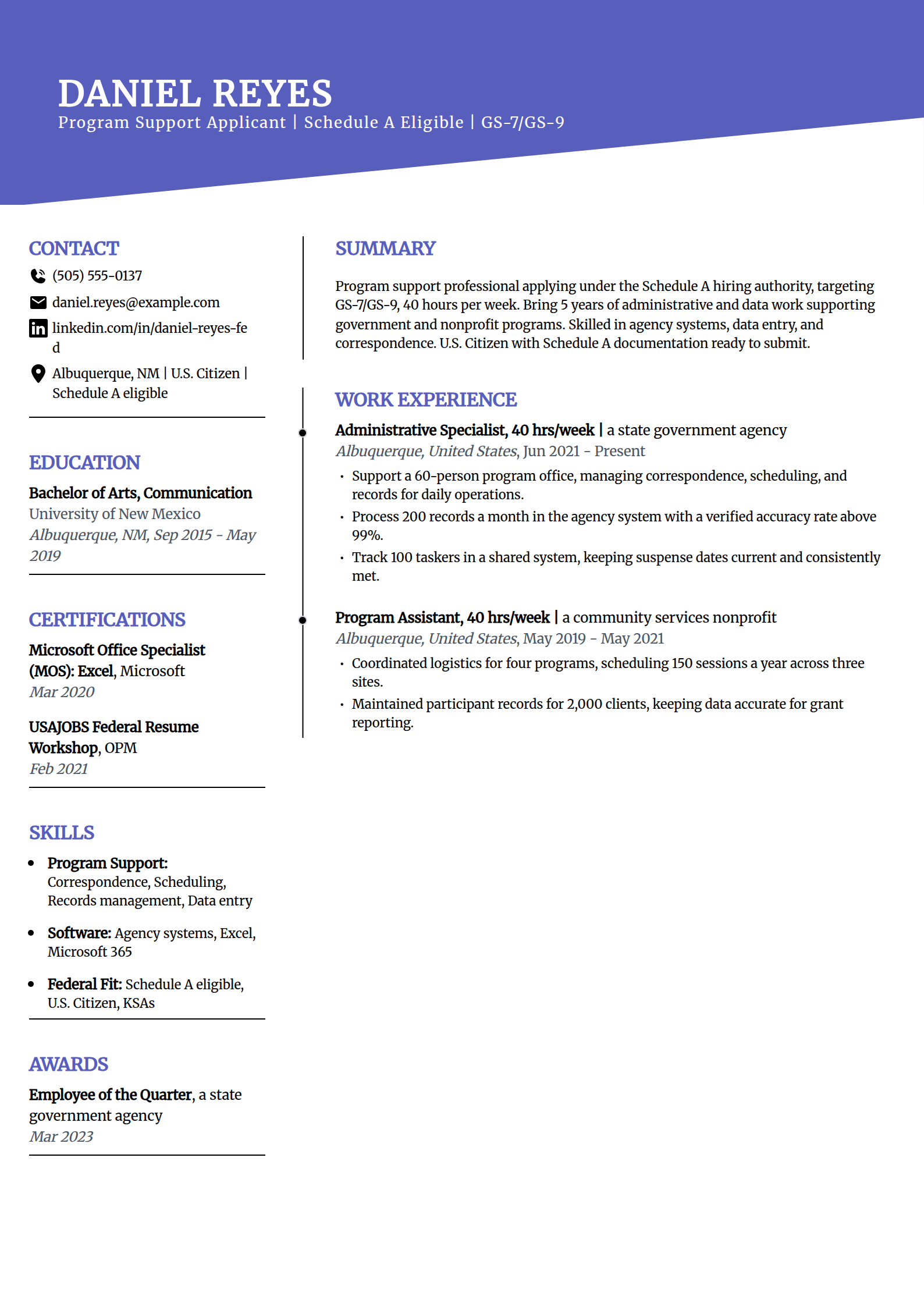 Schedule A federal resume example in the Orbit template