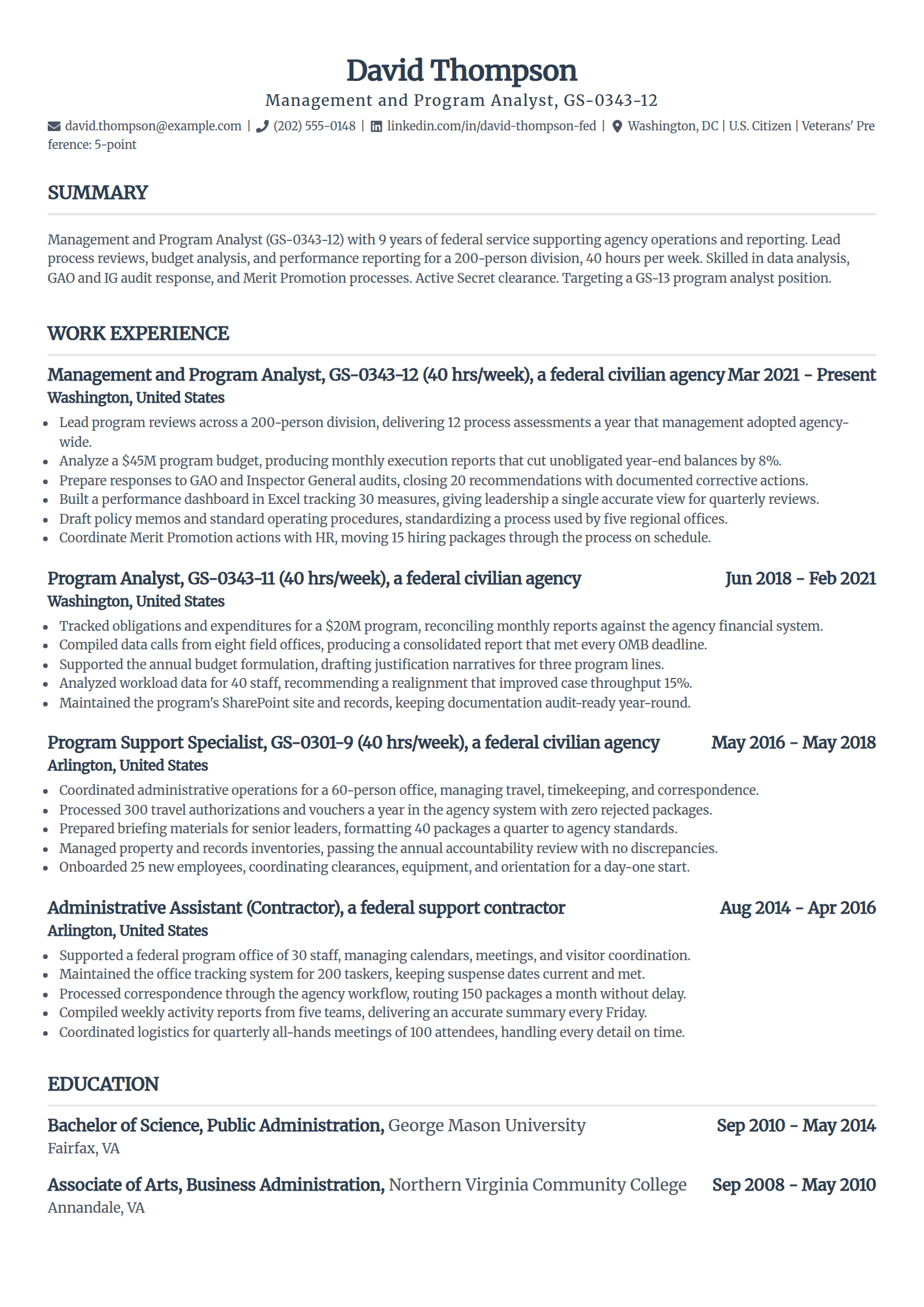 USAJOBS format federal resume example in the Standard template