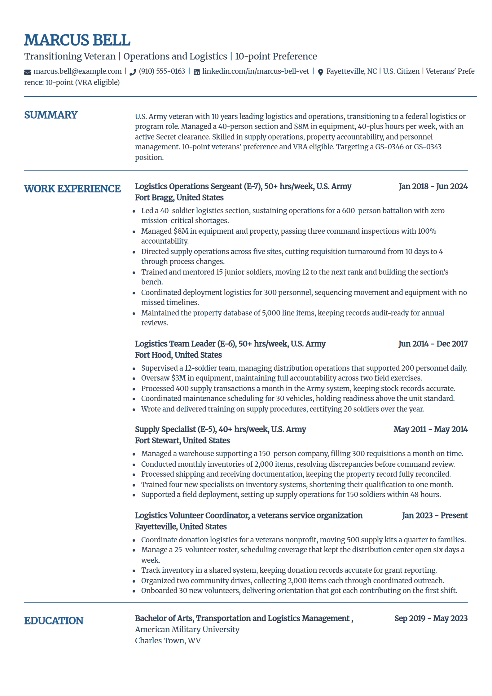 Veteran transitioning to federal resume example in the Craft template