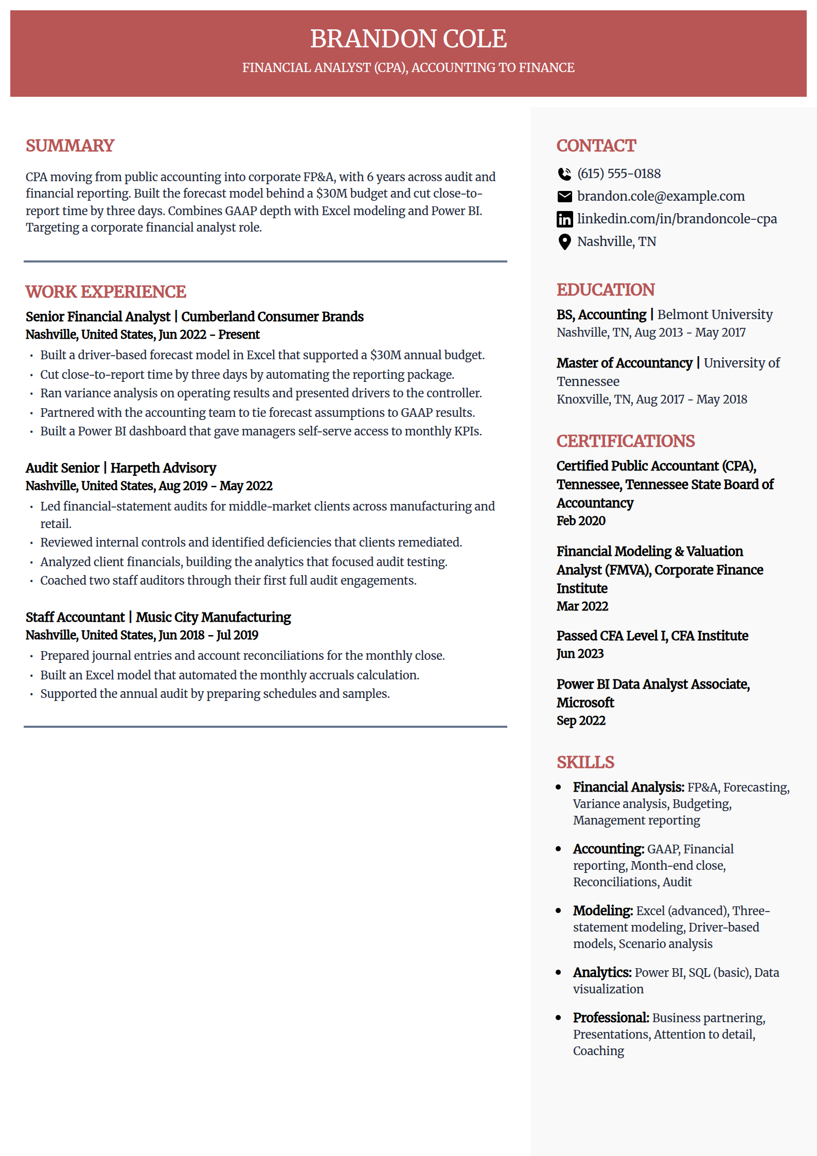 Accounting to finance career-change resume example in the Executive template