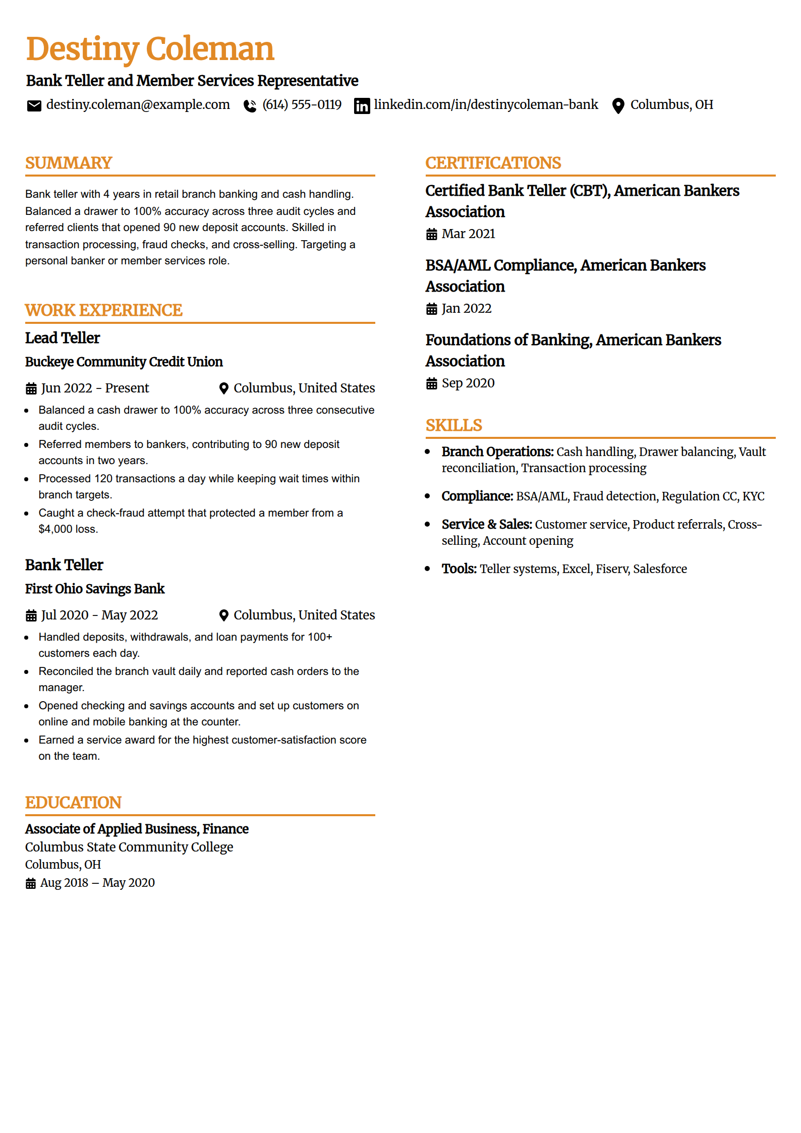 Bank teller resume example in the Professional Edge template