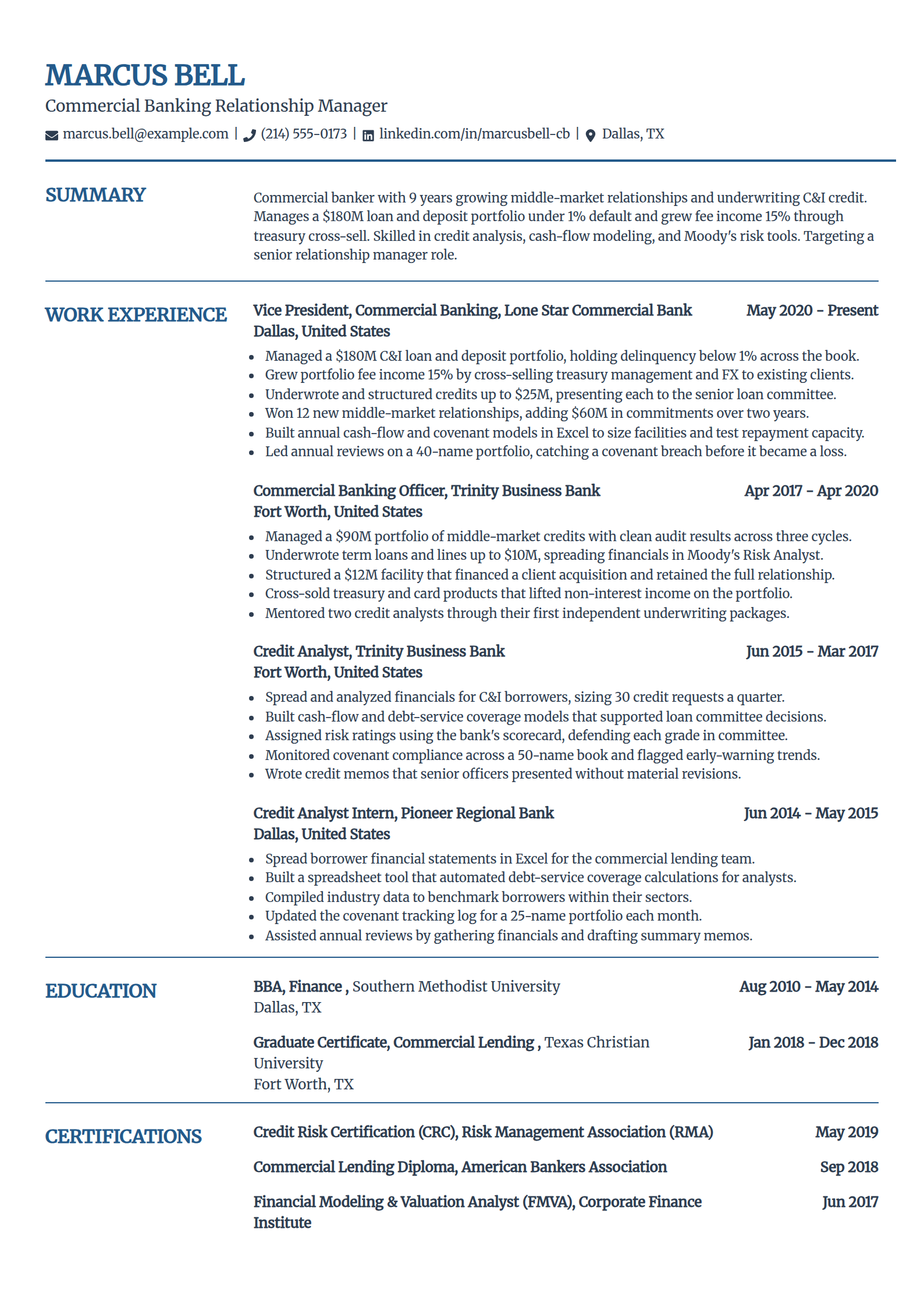 Commercial banking resume example in the Craft template