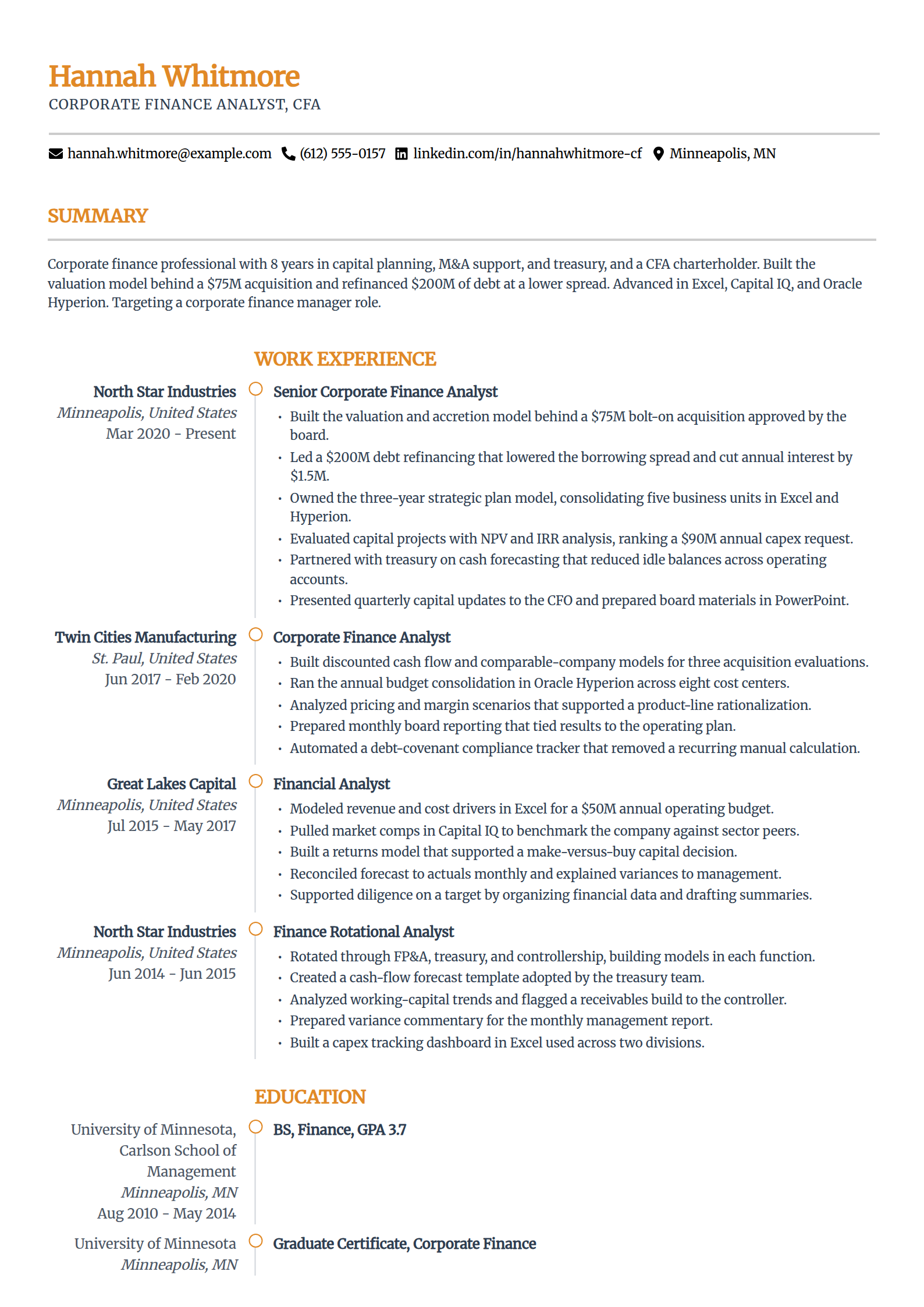 Corporate finance analyst resume example in the Zenith template