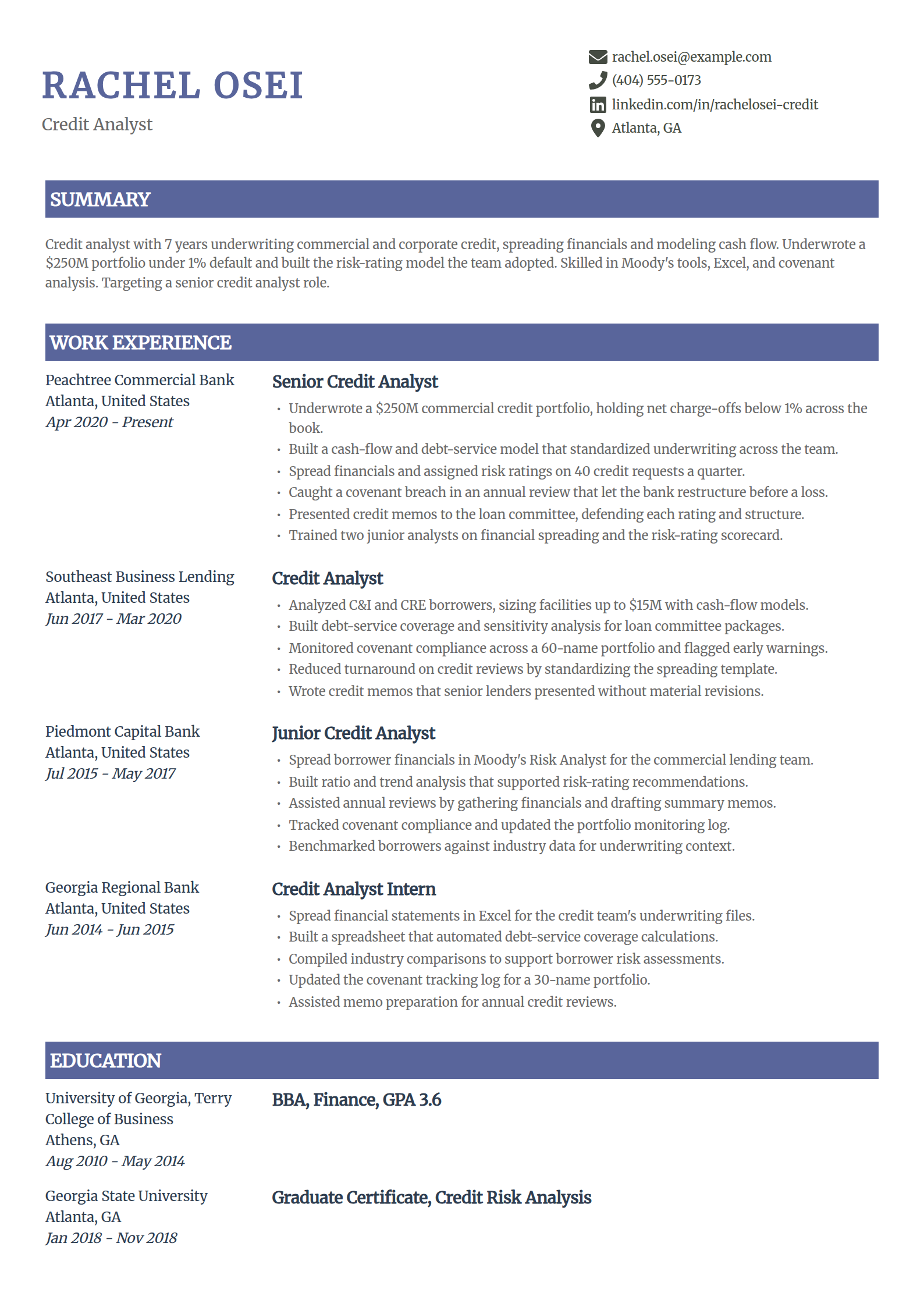 Credit analyst resume example in the Catalyst template
