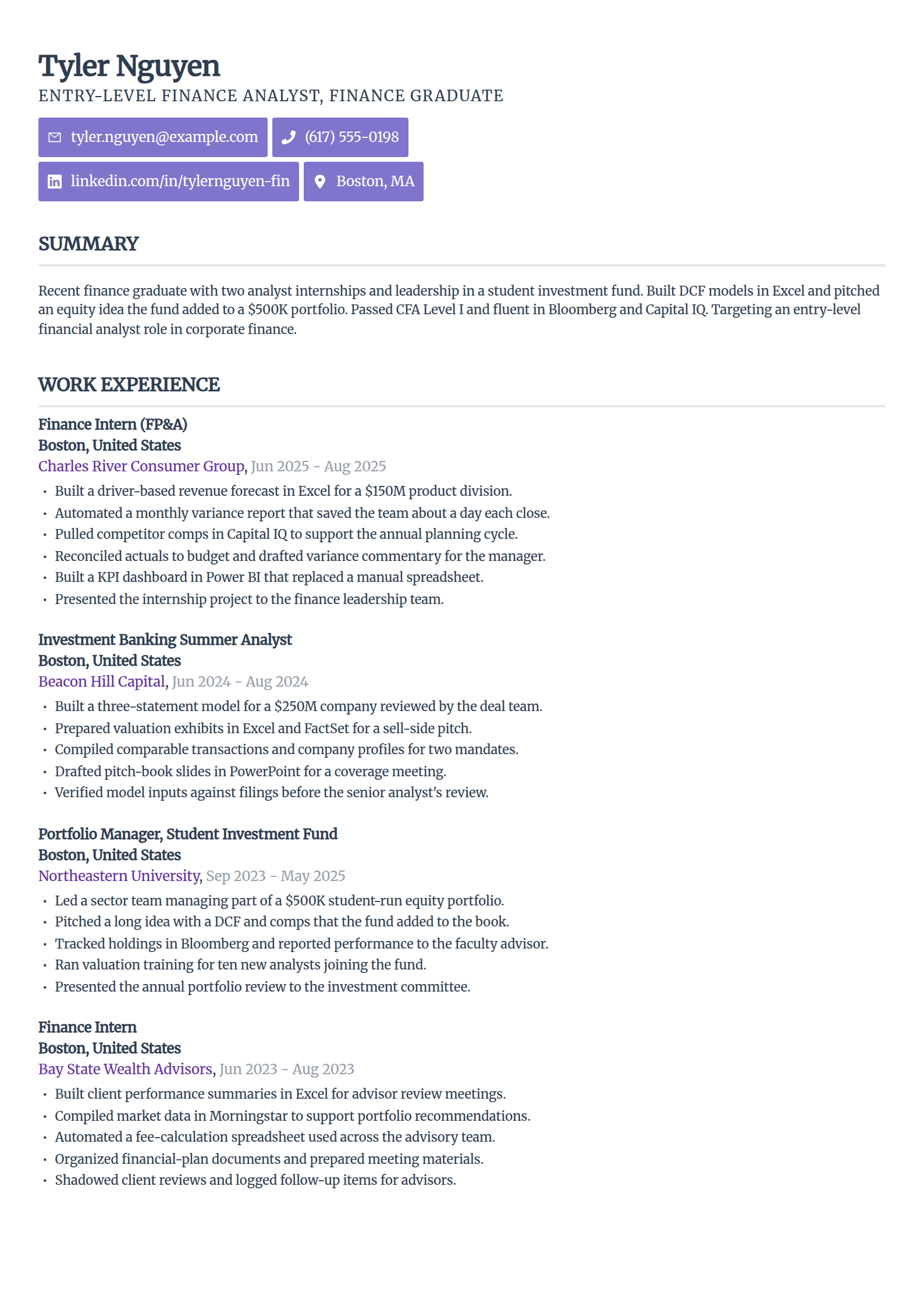 Entry-level finance graduate resume example in the Sleek Framework template