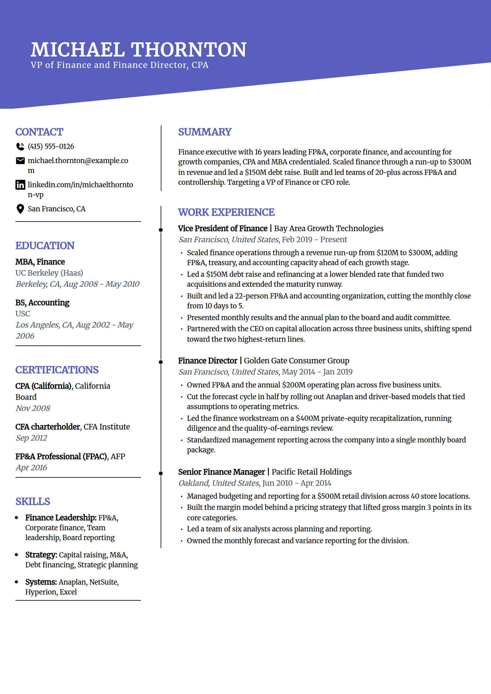 Senior finance director and VP resume example in the Orbit template