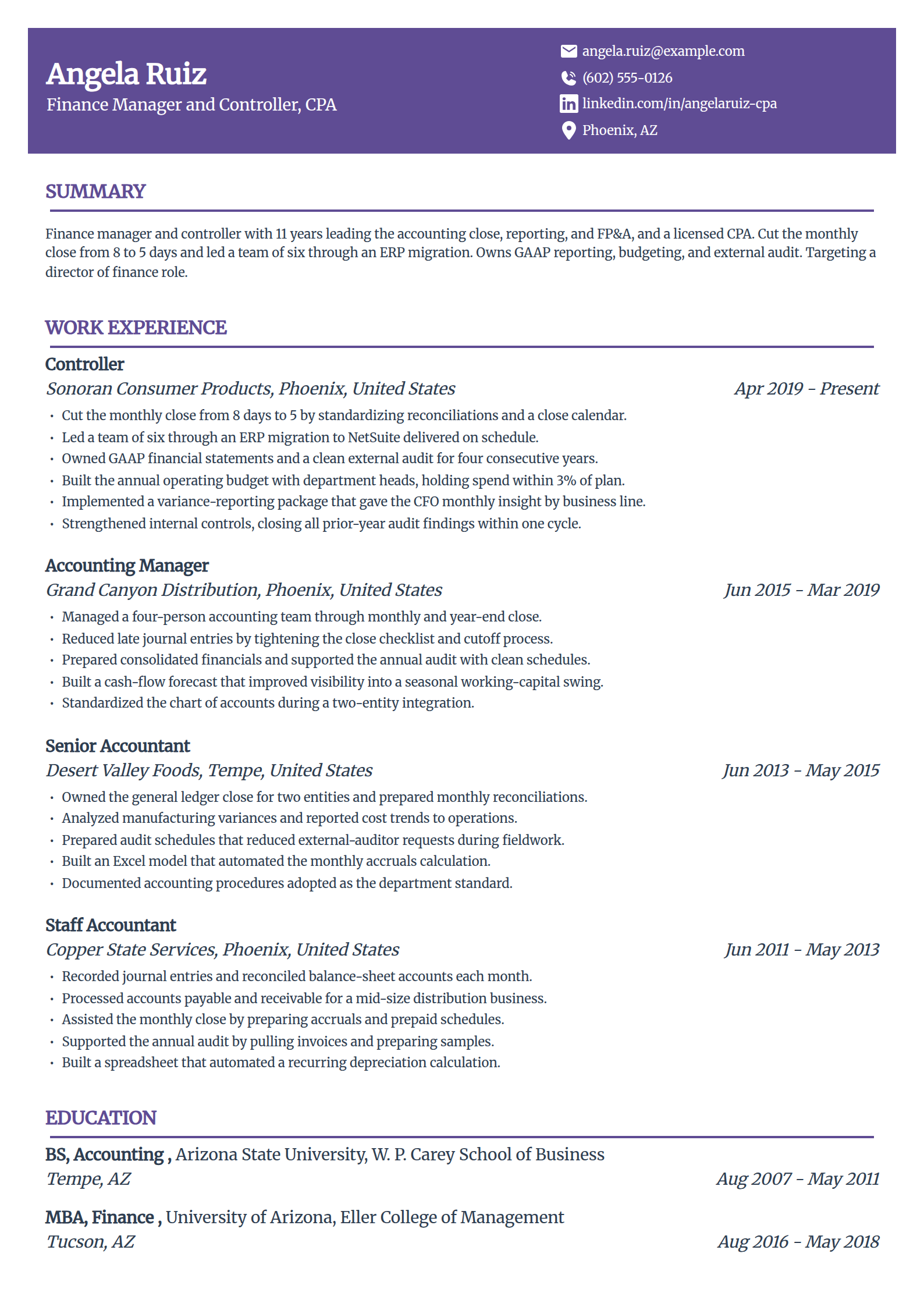 Finance manager and controller resume example in the Panorama template