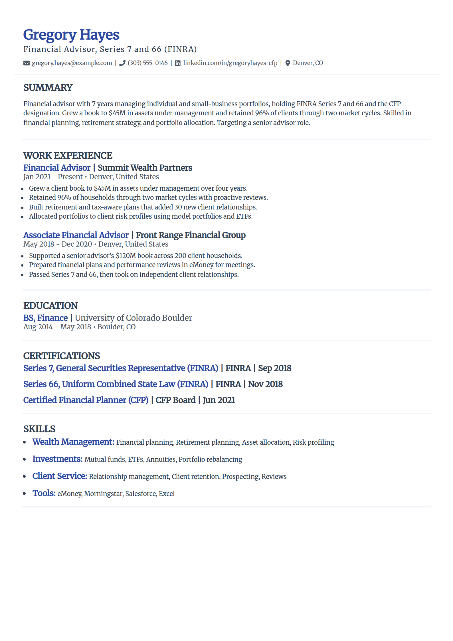 Financial advisor resume example in the Elegant template
