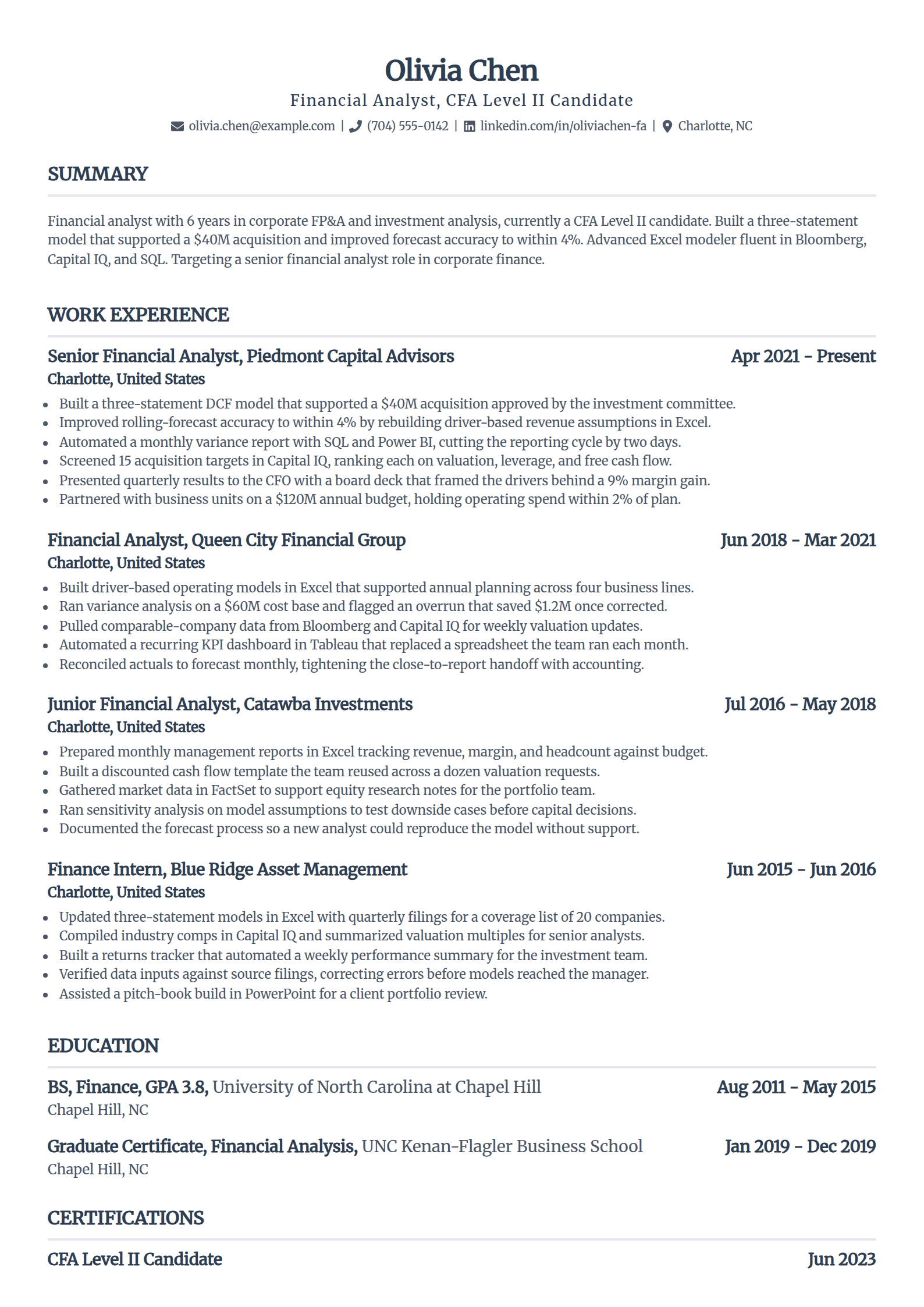 Financial analyst resume example in the Standard template