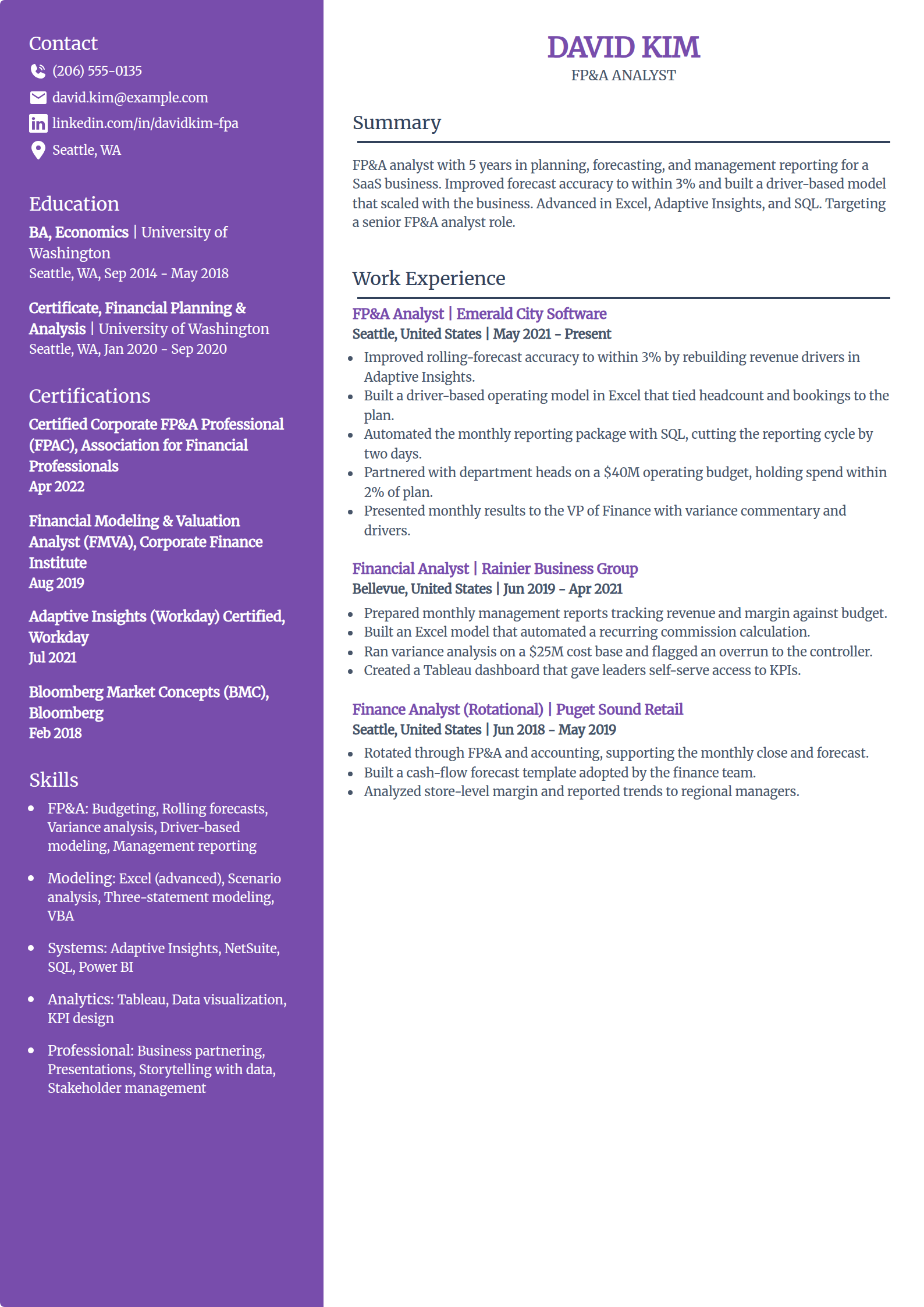 FP&A analyst resume example in the Pioneer template