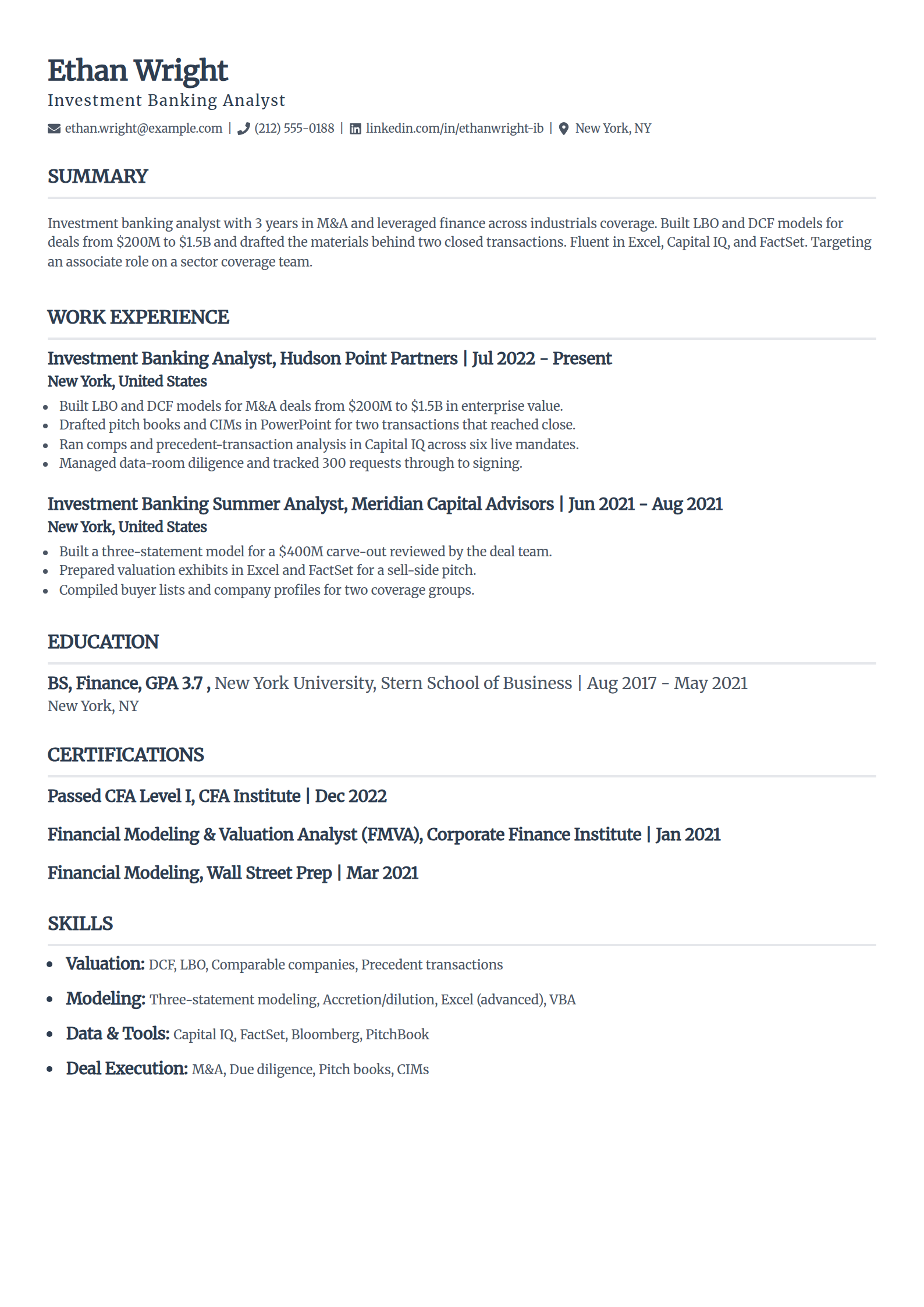 Investment banking analyst resume example in the Classic template
