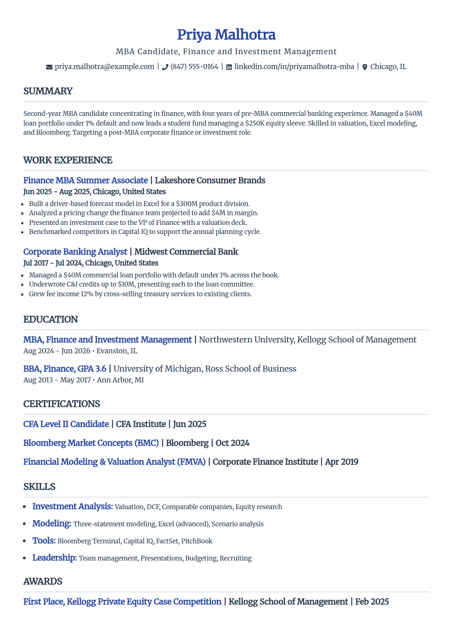 MBA candidate finance resume example in the Simple template
