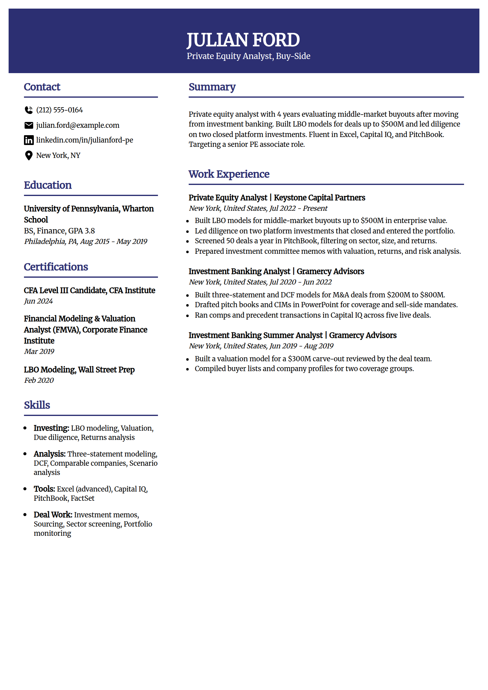Private equity buy-side analyst resume example in the Visionary template