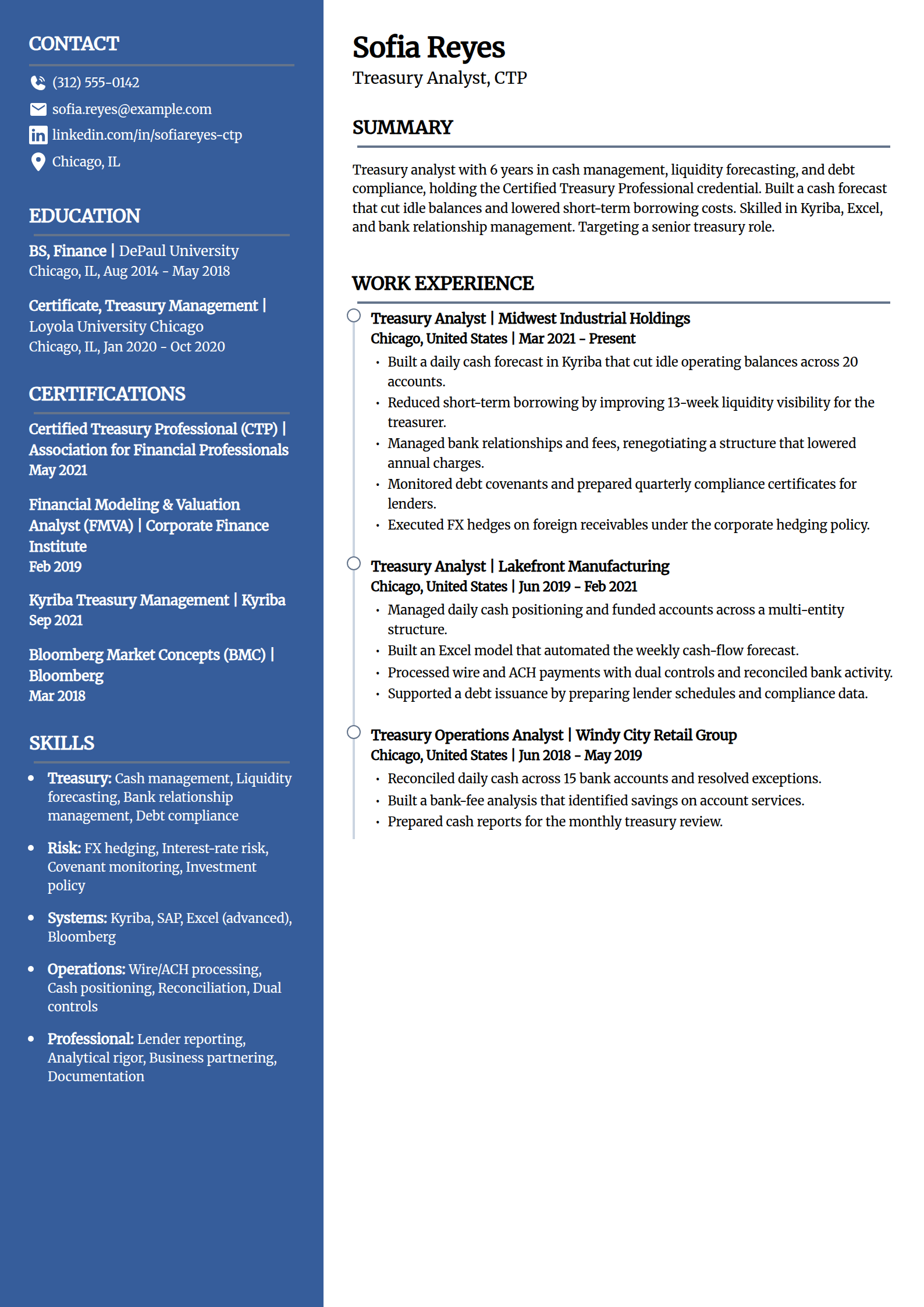 Treasury analyst resume example in the Creative template
