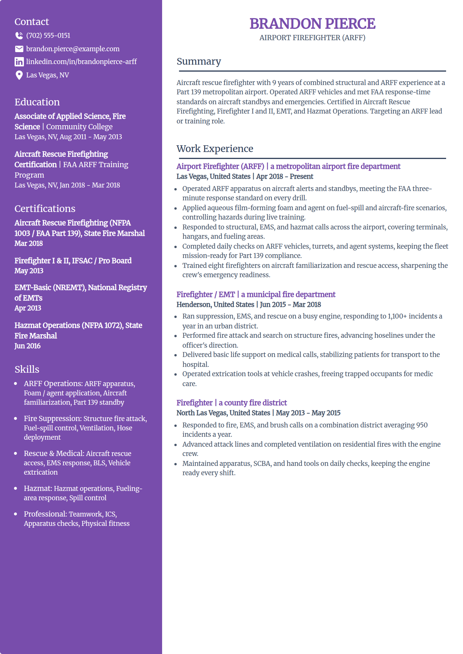 Airport ARFF firefighter resume example in the Pioneer template