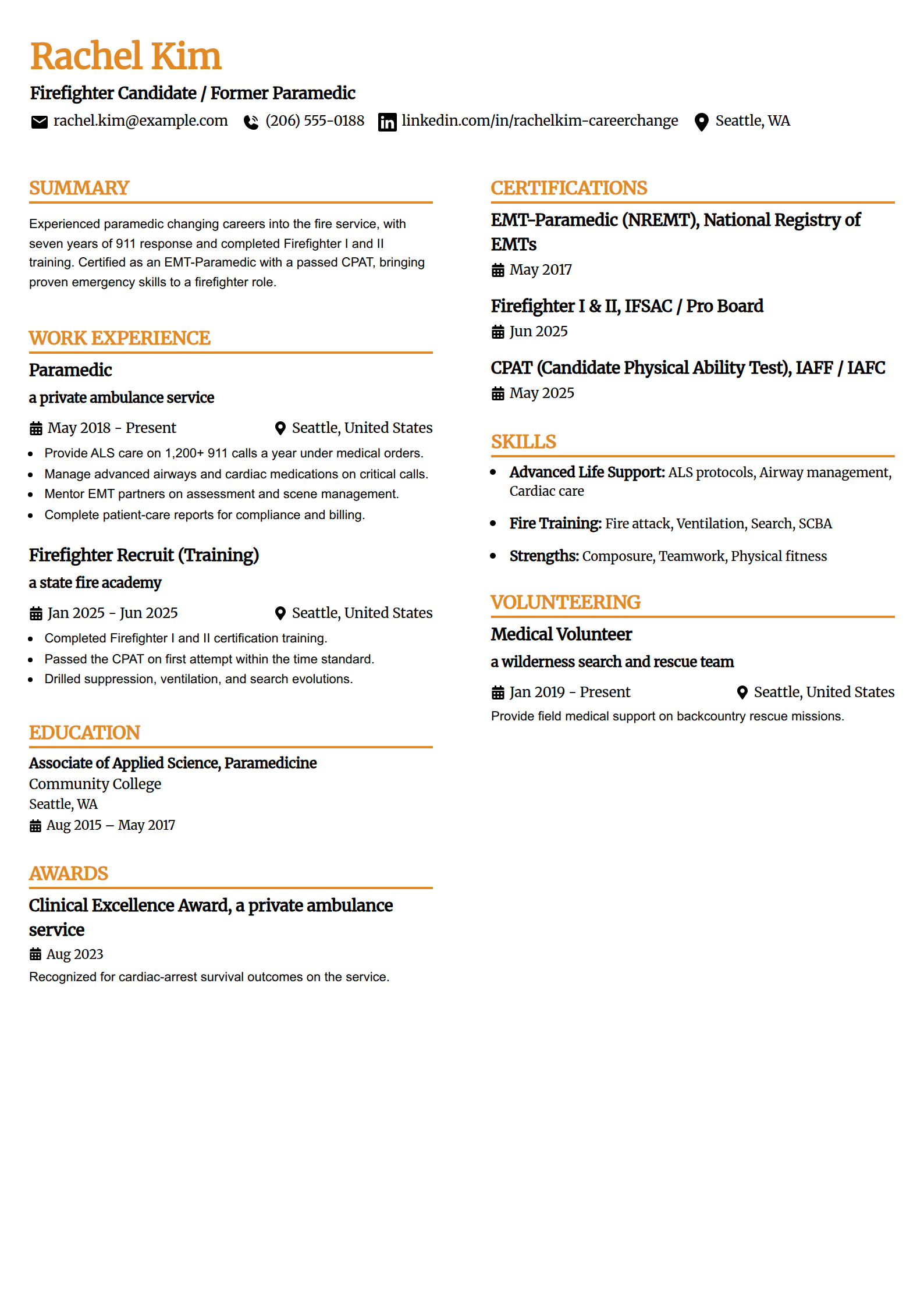 Career-change firefighter resume example in the Professional Edge template