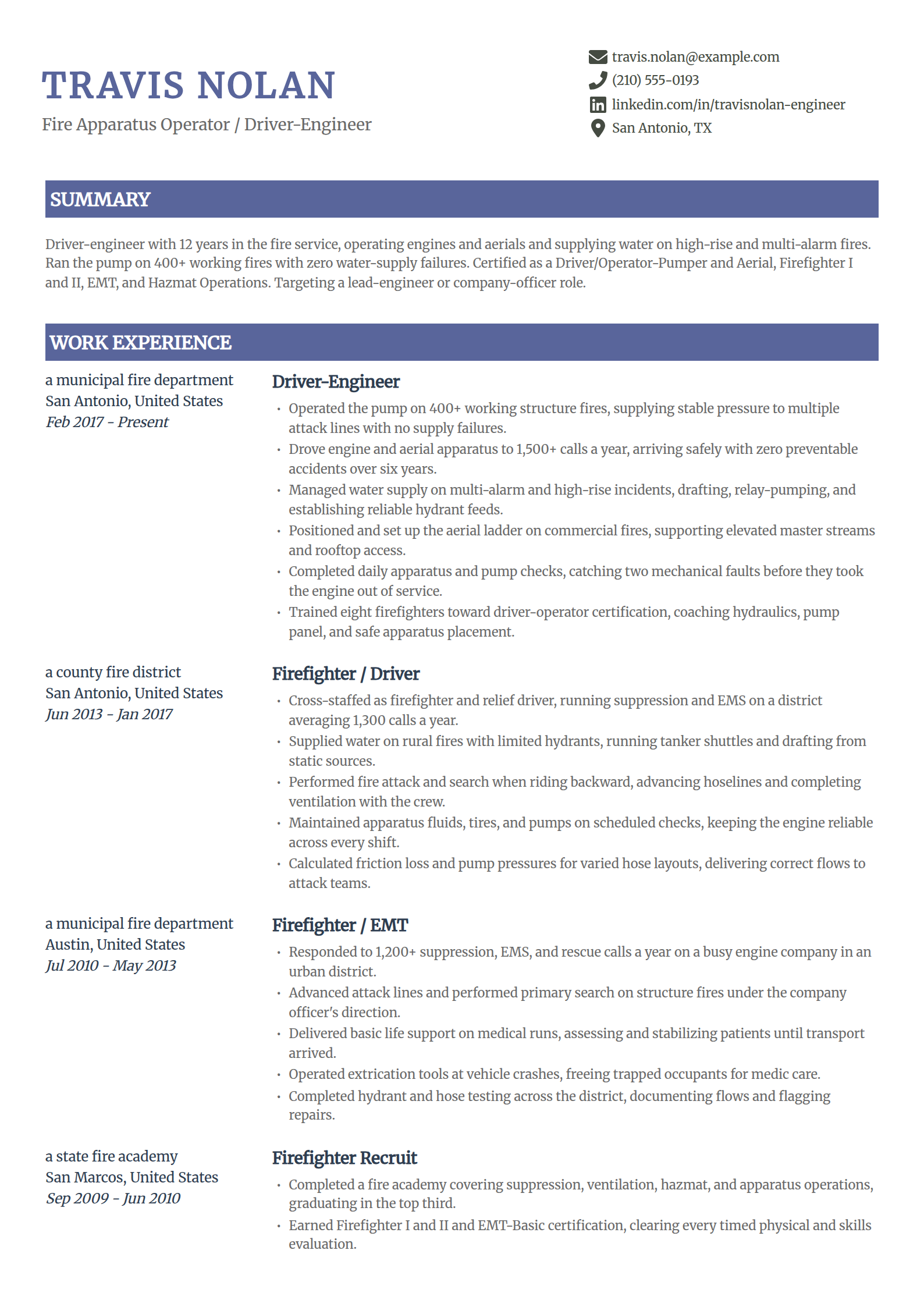 Fire apparatus operator resume example in the Catalyst template