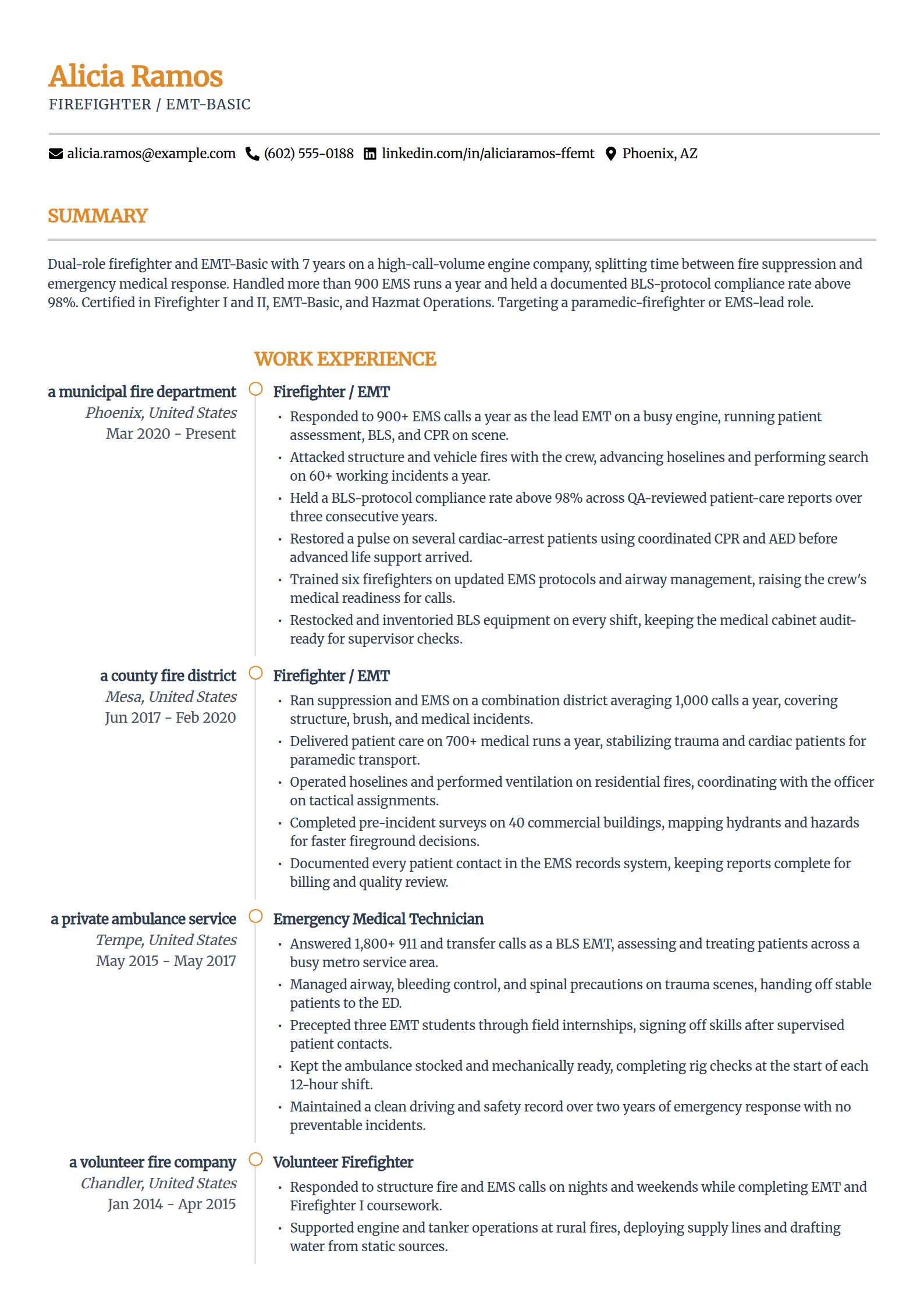 EMT-firefighter resume example in the Zenith template
