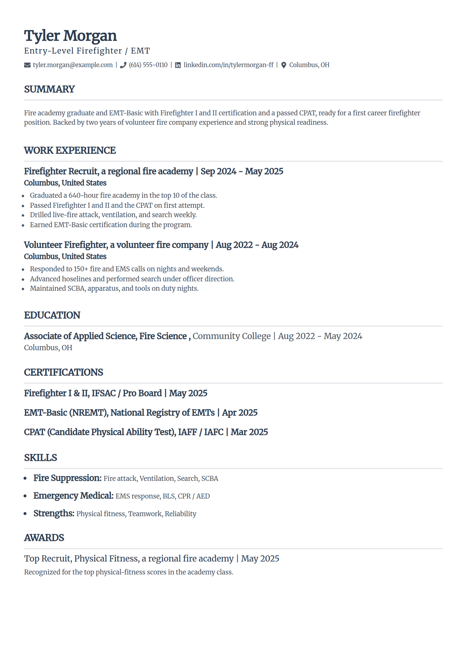 Entry-level firefighter resume example in the Classic template