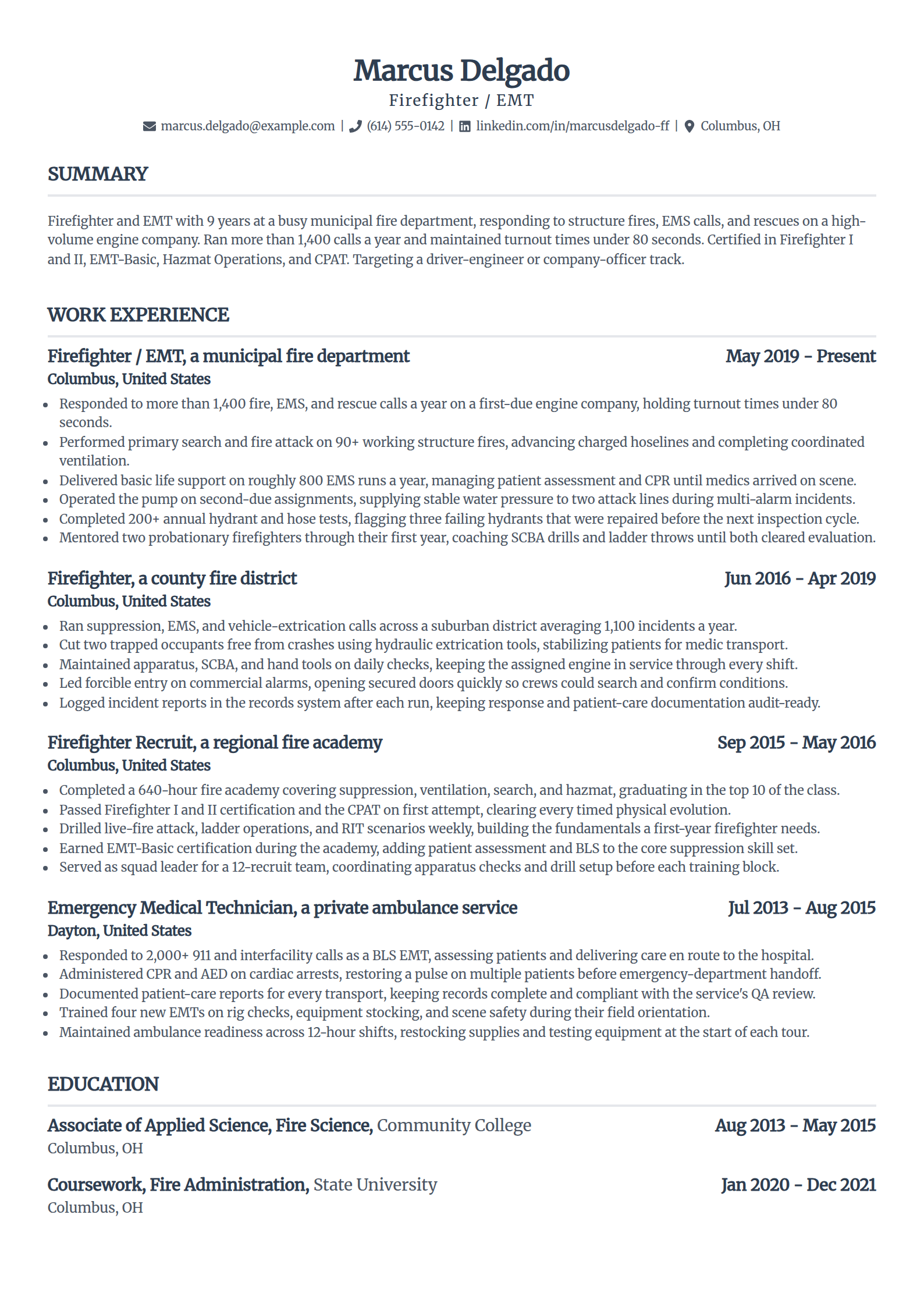 Experienced firefighter resume example in the Standard template