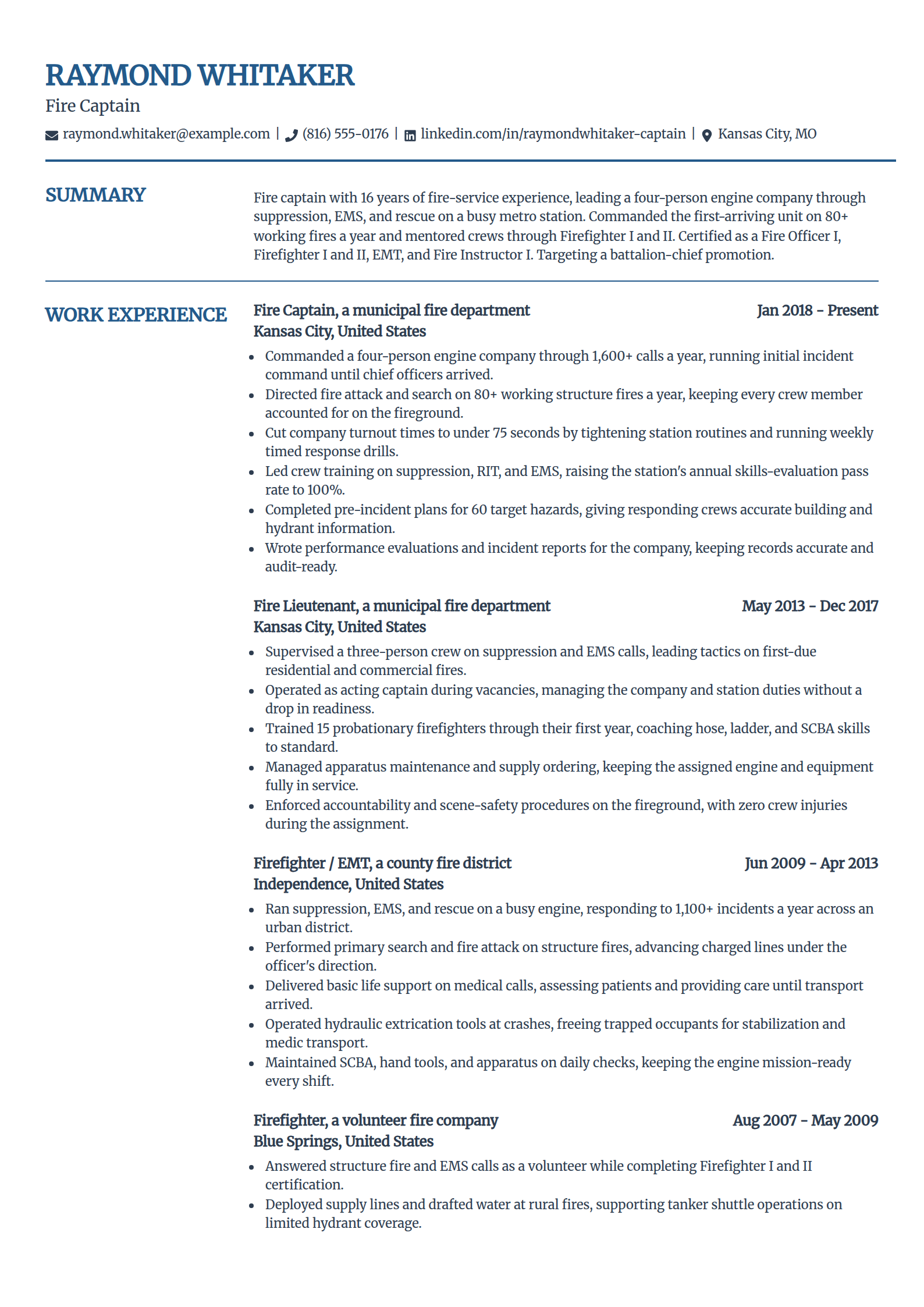 Fire captain resume example in the Craft template