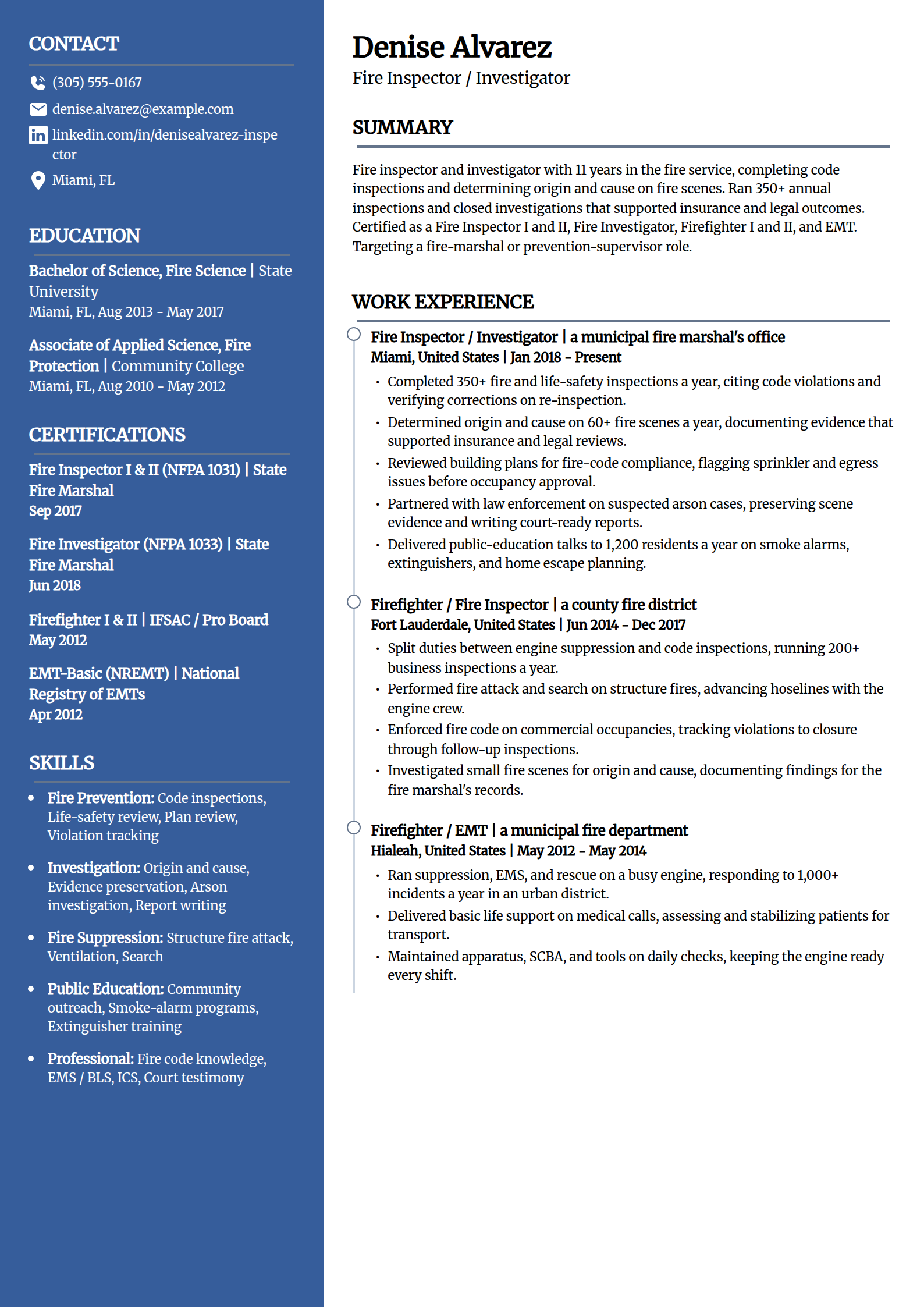Fire inspector and investigator resume example in the Creative template