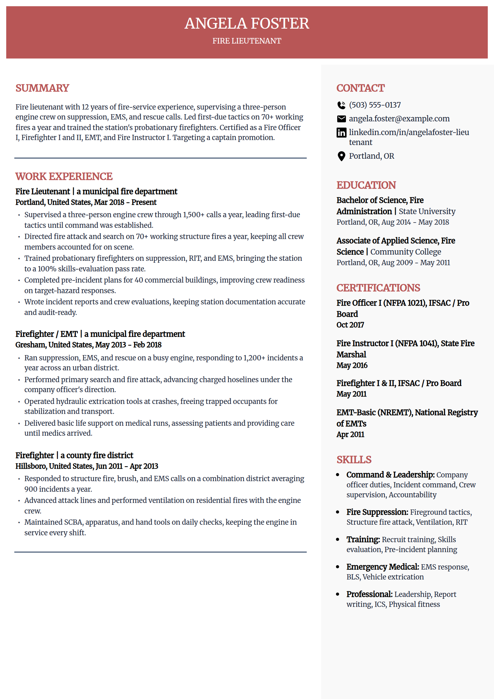 Fire lieutenant resume example in the Executive template