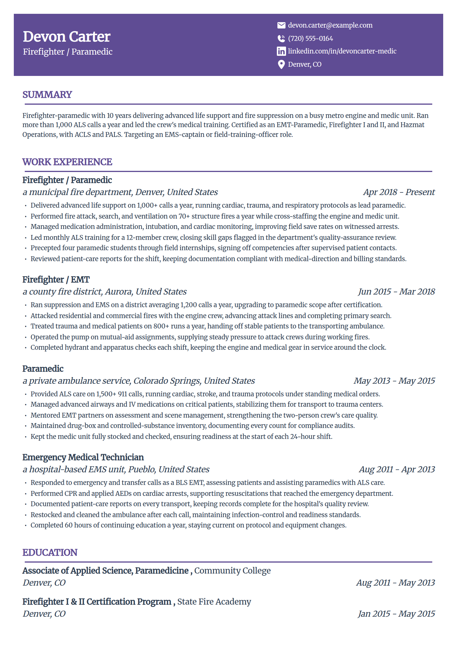 Firefighter-paramedic resume example in the Panorama template