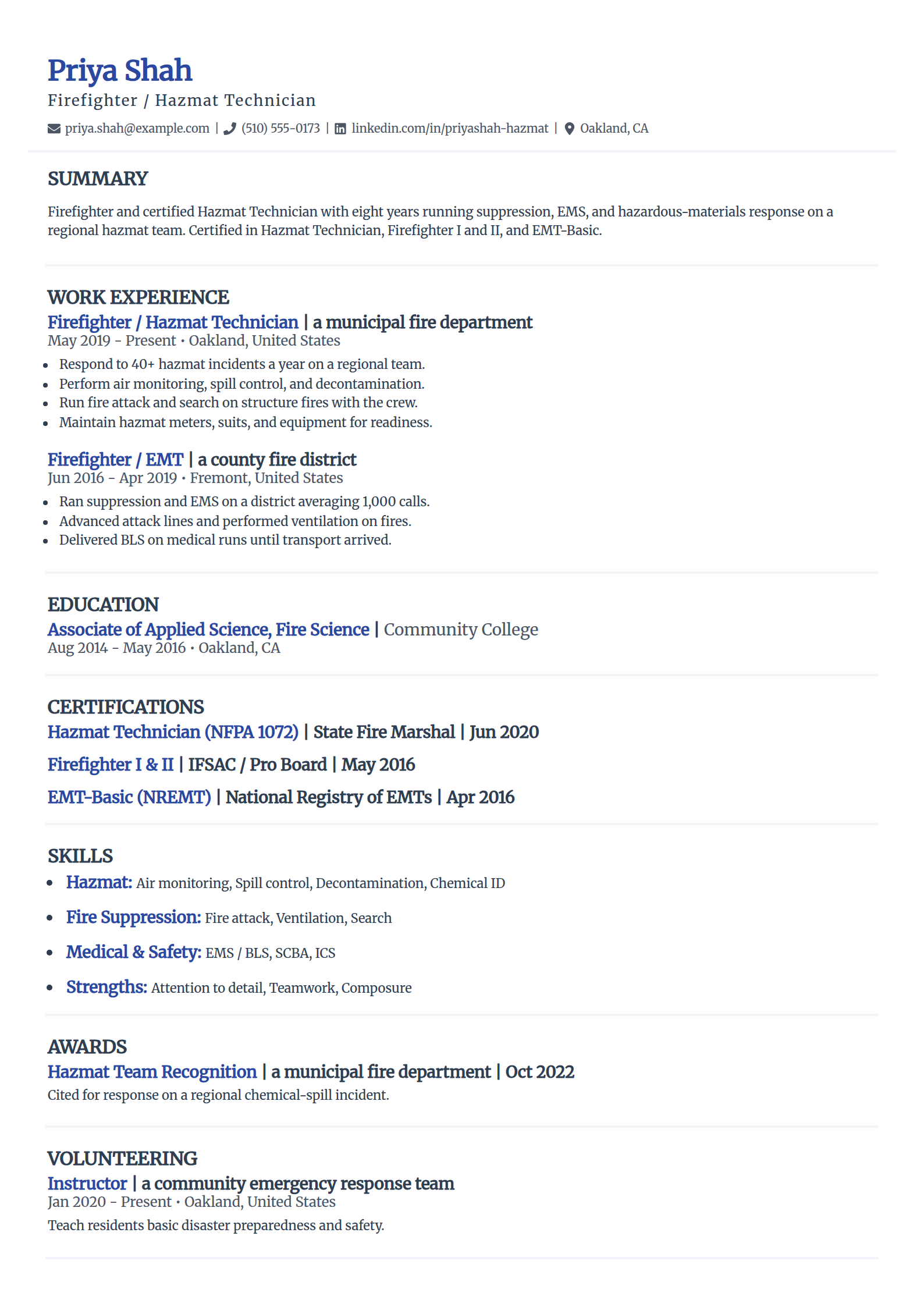 Hazmat technician firefighter resume example in the Elegant template