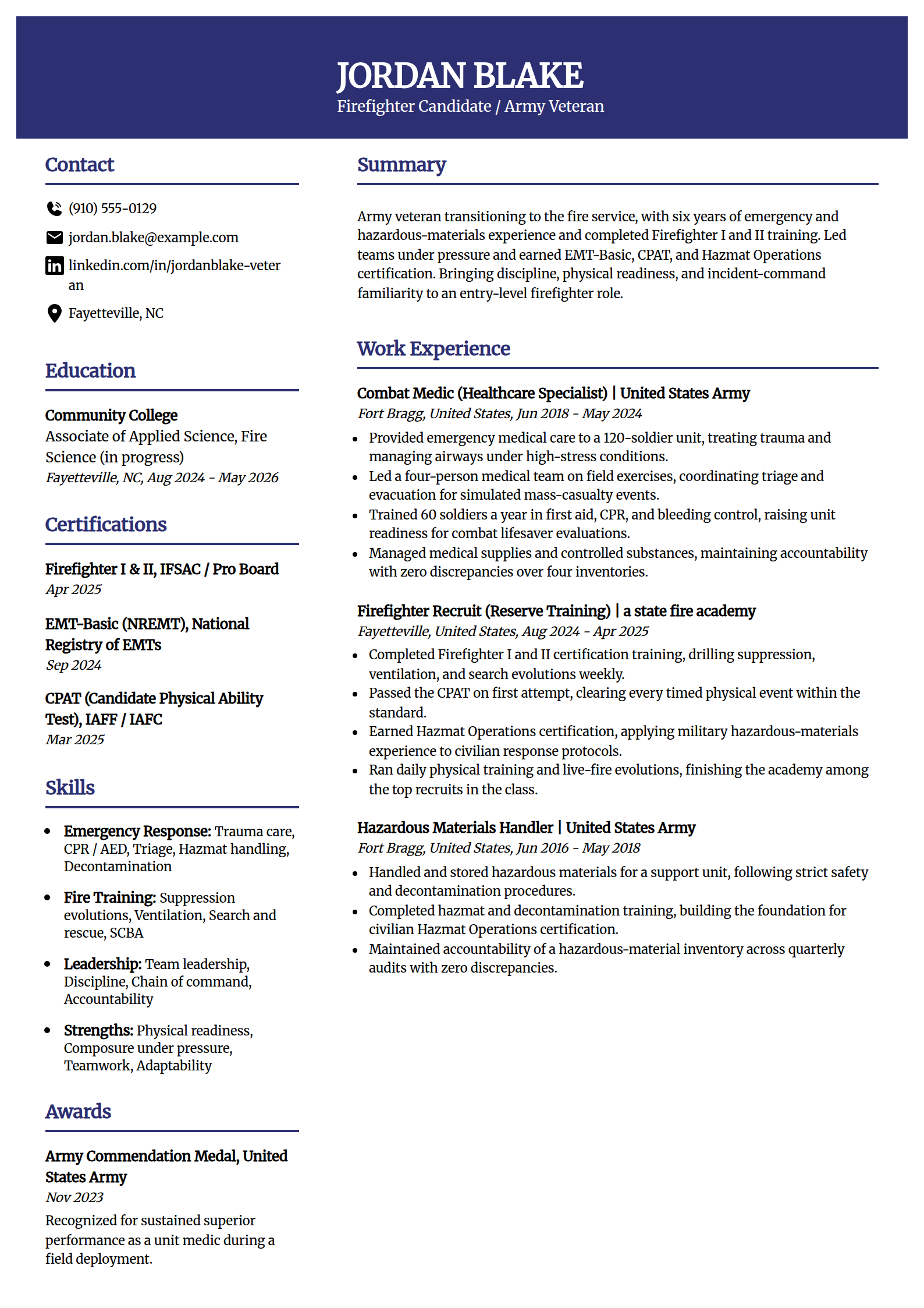 Military to firefighter veteran resume example in the Visionary template