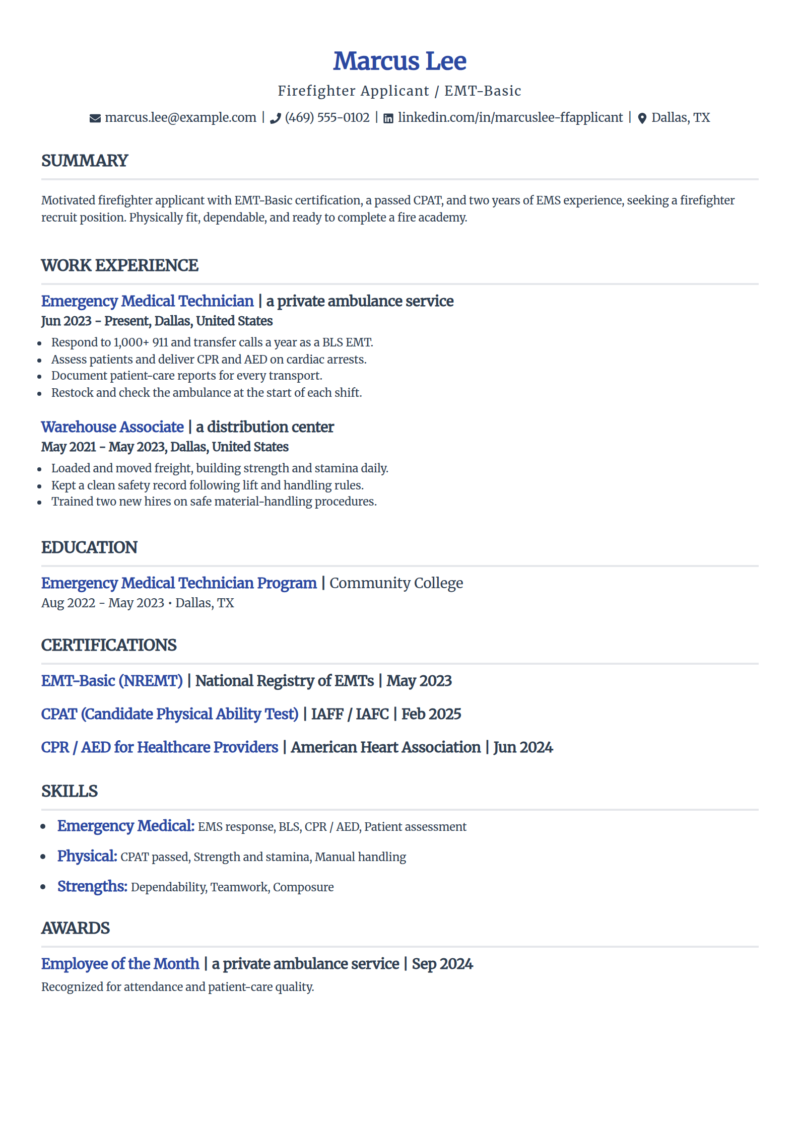No-experience firefighter applicant resume example in the Simple template