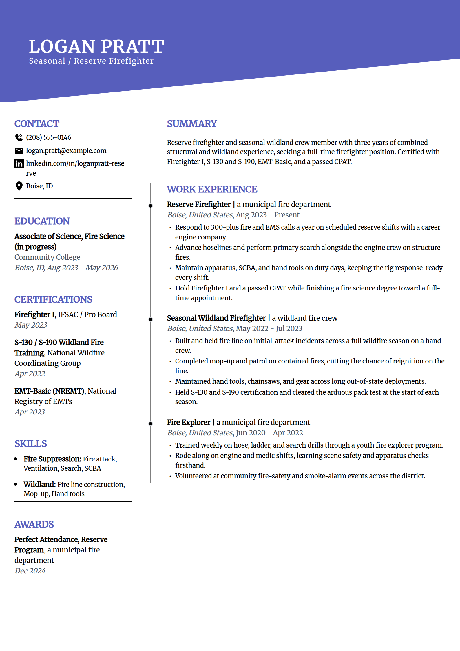 Seasonal and reserve firefighter resume example in the Orbit template