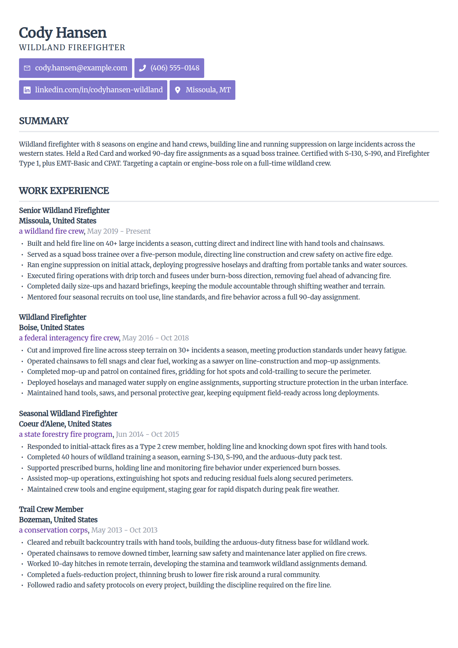 Wildland firefighter resume example in the Sleek Framework template