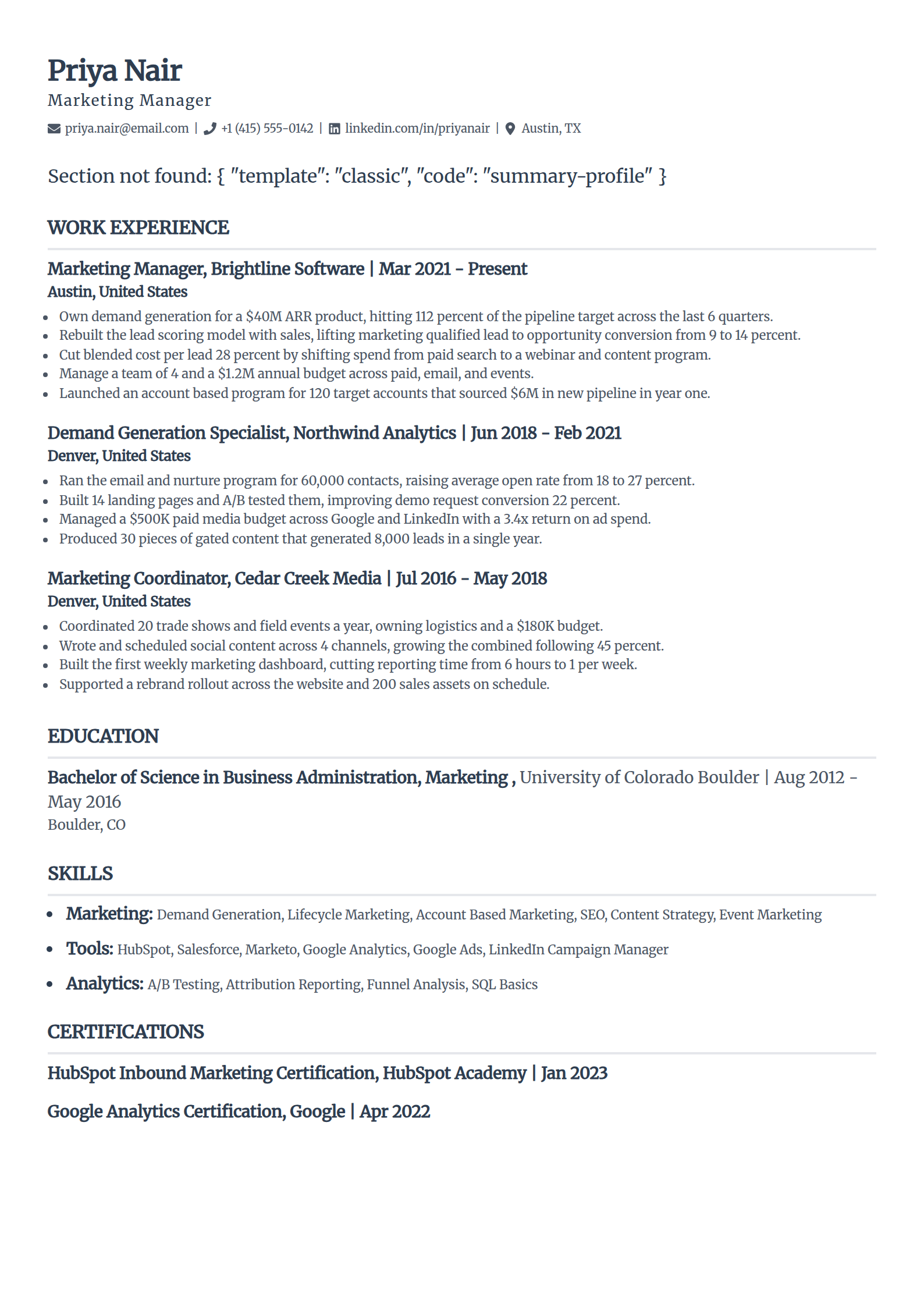 Google Docs ATS resume template in the Classic layout, single column with serif headings and thin section rules