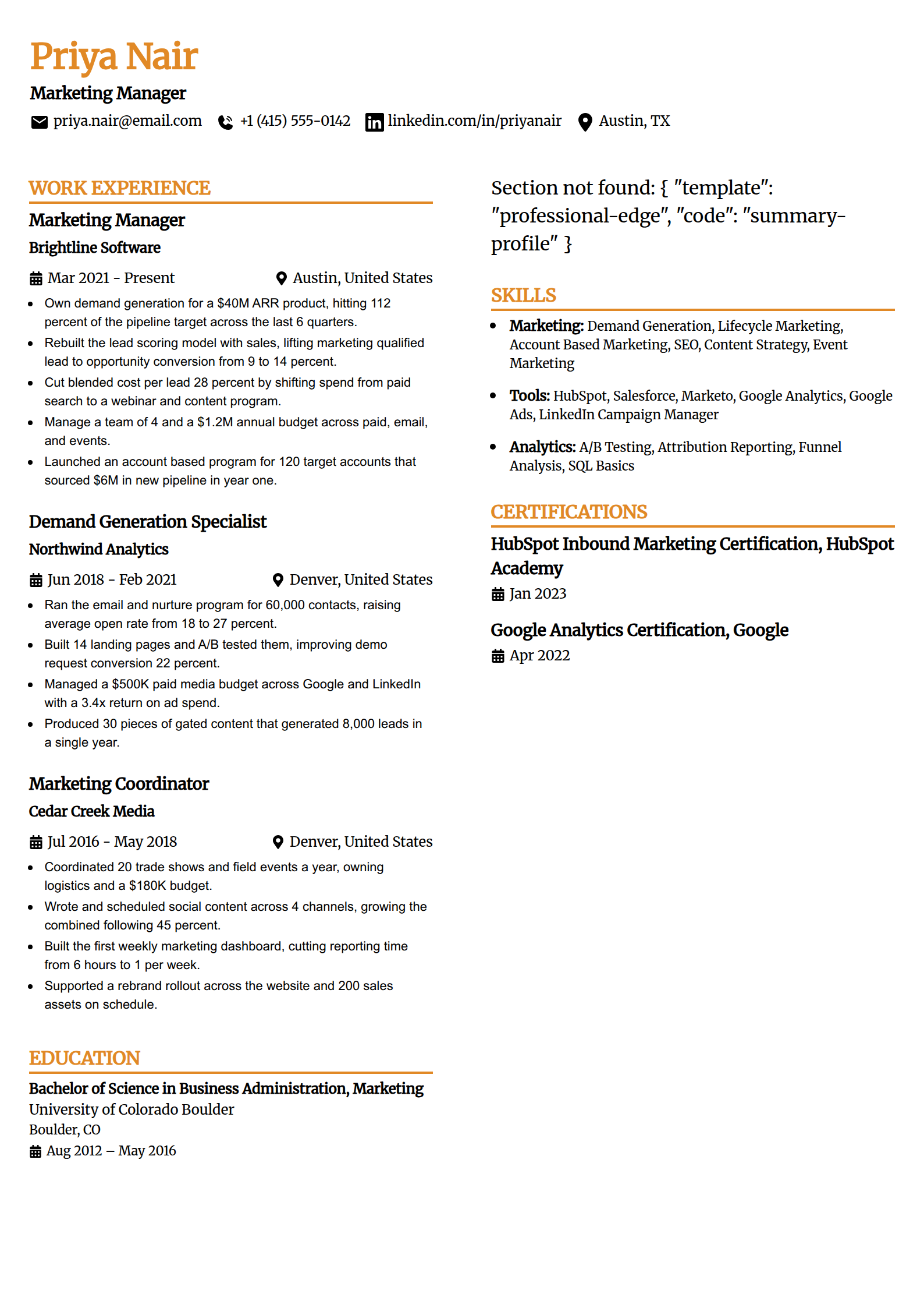 Google Docs ATS resume template in the Professional Edge layout, single column with a bold header and clear section breaks