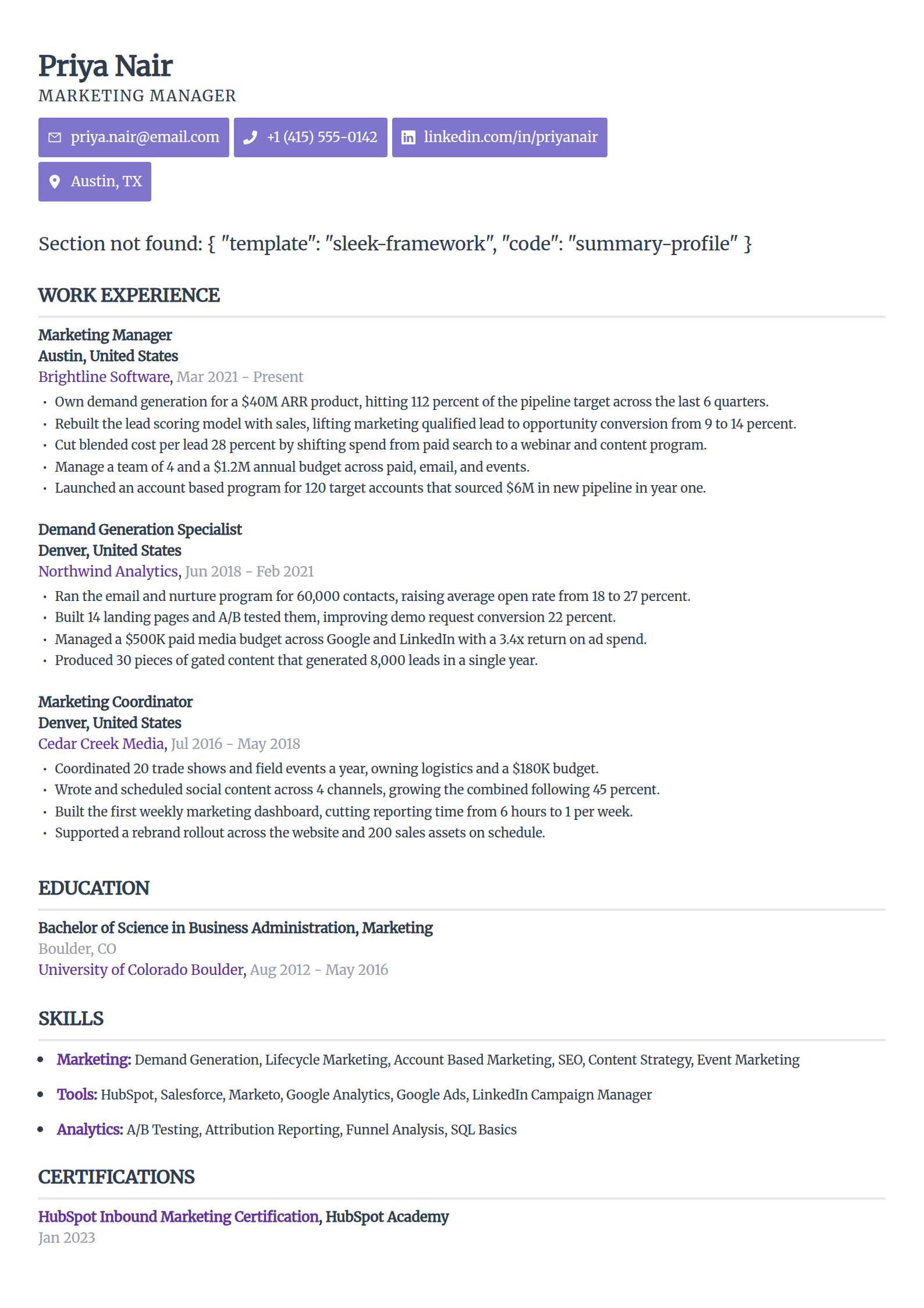 Google Docs ATS resume template in the Sleek Framework layout, single column with tight typography and disciplined whitespace