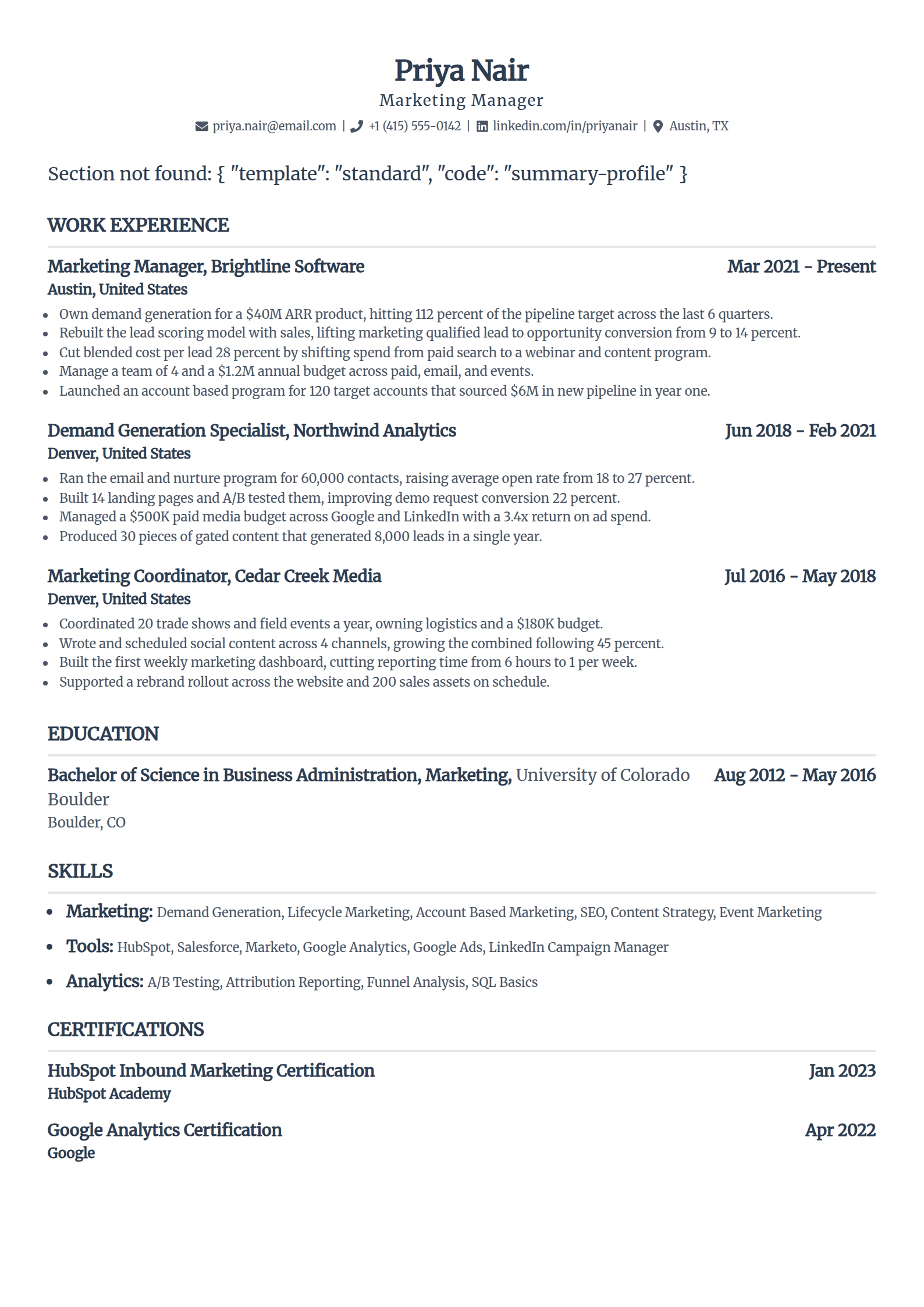 Google Docs ATS resume template in the Standard layout, single column with a centered name and plain section headings
