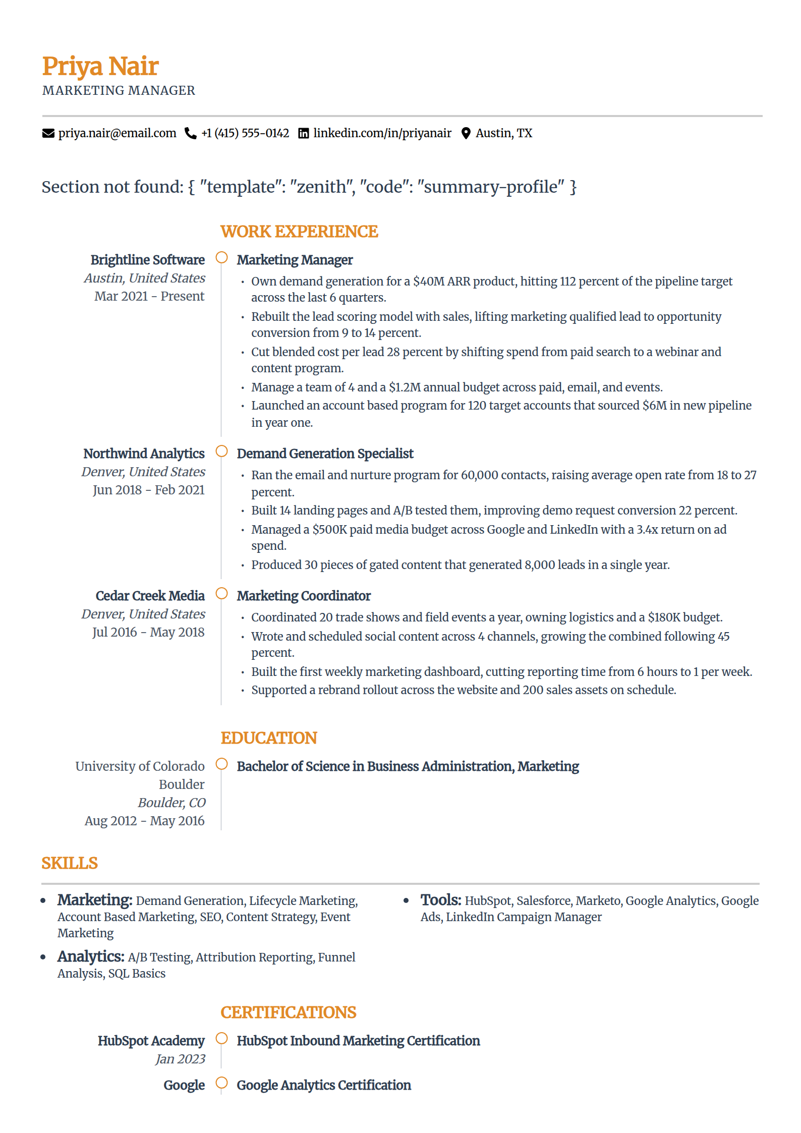 Google Docs ATS resume template in the Zenith layout, single column with an airy hierarchy leading with the summary