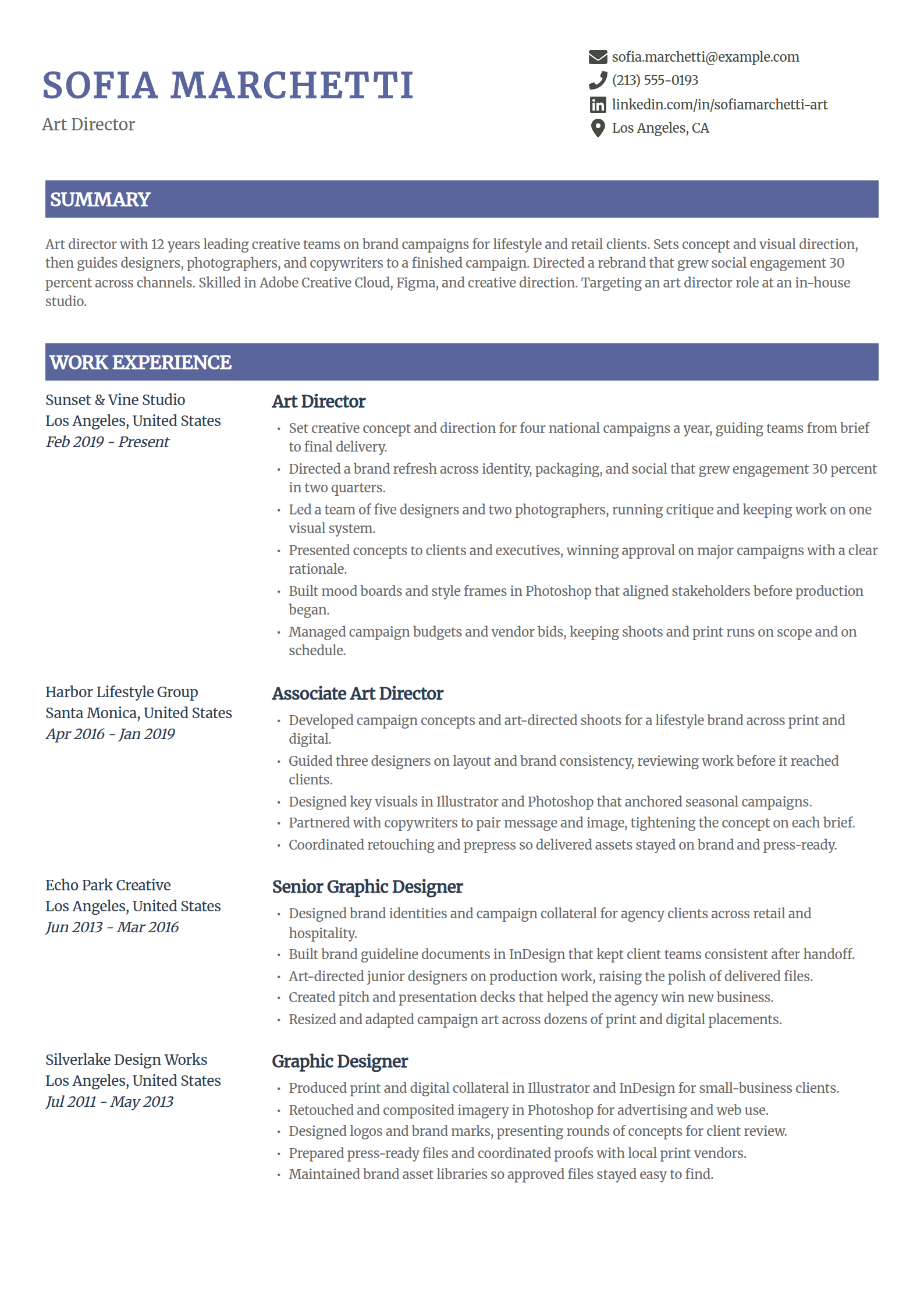 Art director and lead designer resume example in the Catalyst template