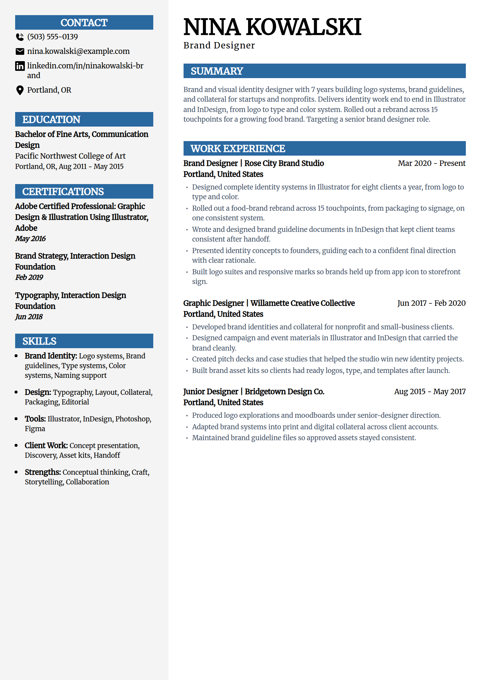 Brand and visual identity designer resume example in the Mosaic template