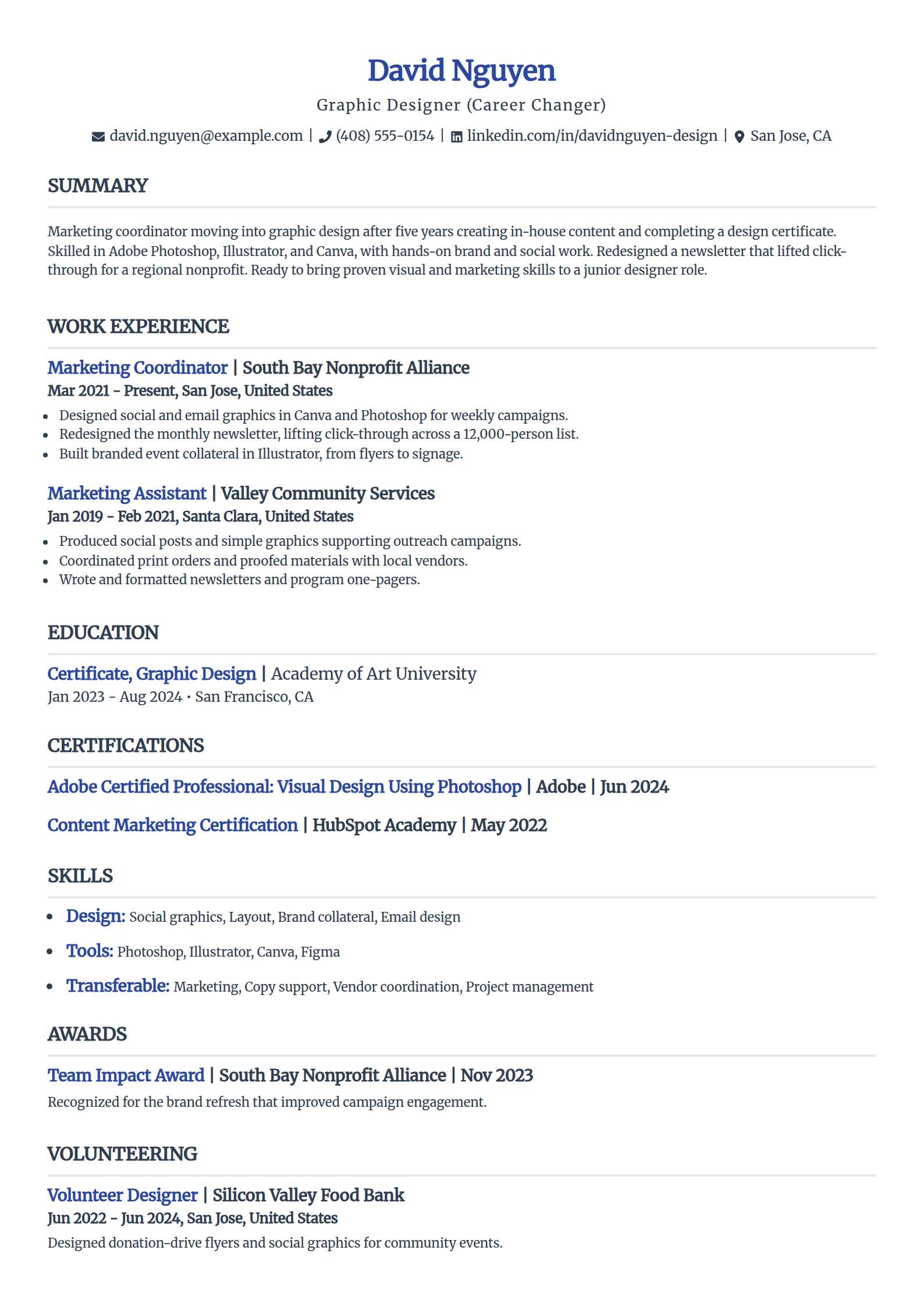 Career-change graphic designer resume example in the Simple template