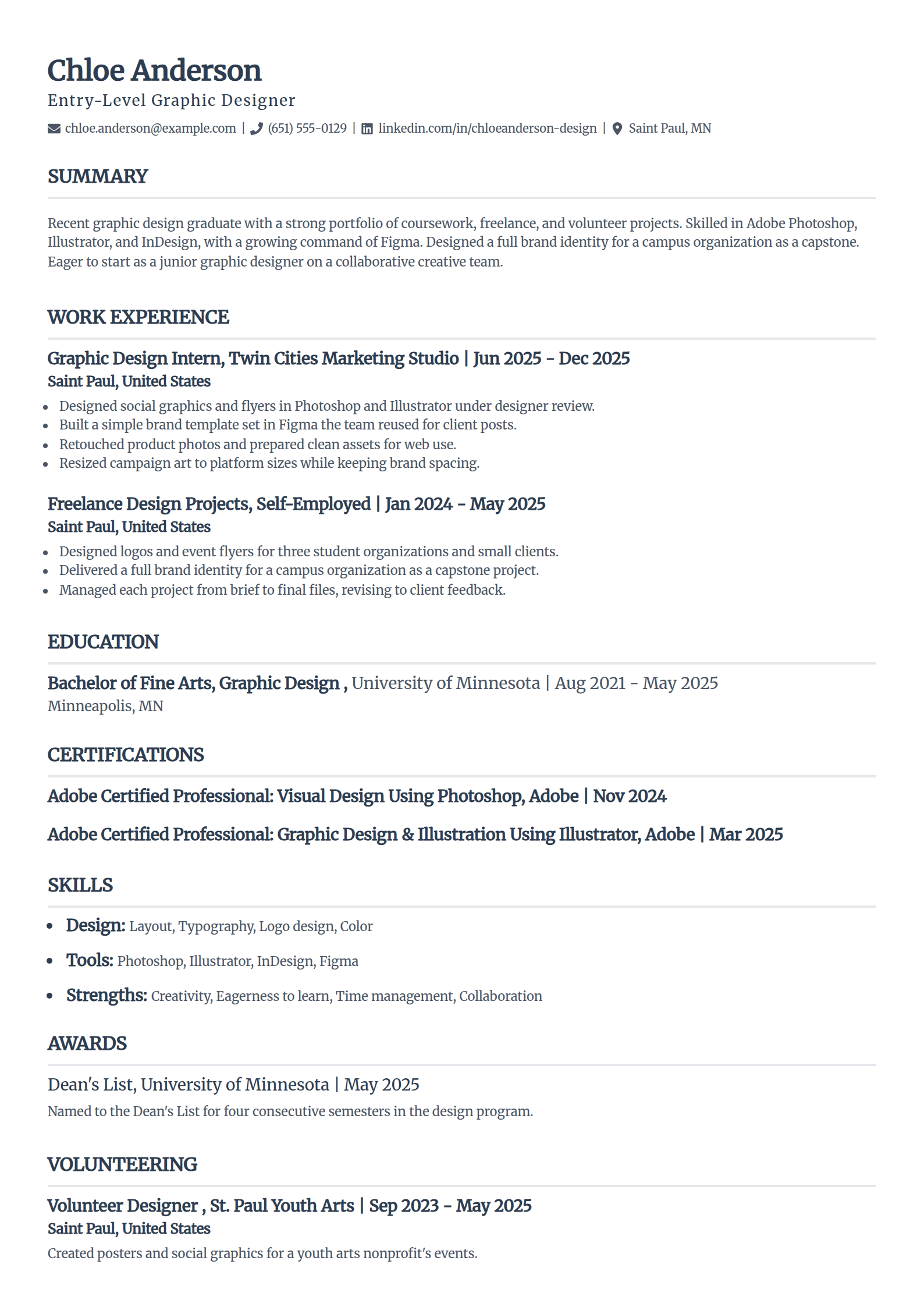 Entry-level graphic designer resume example with no experience in the Classic template