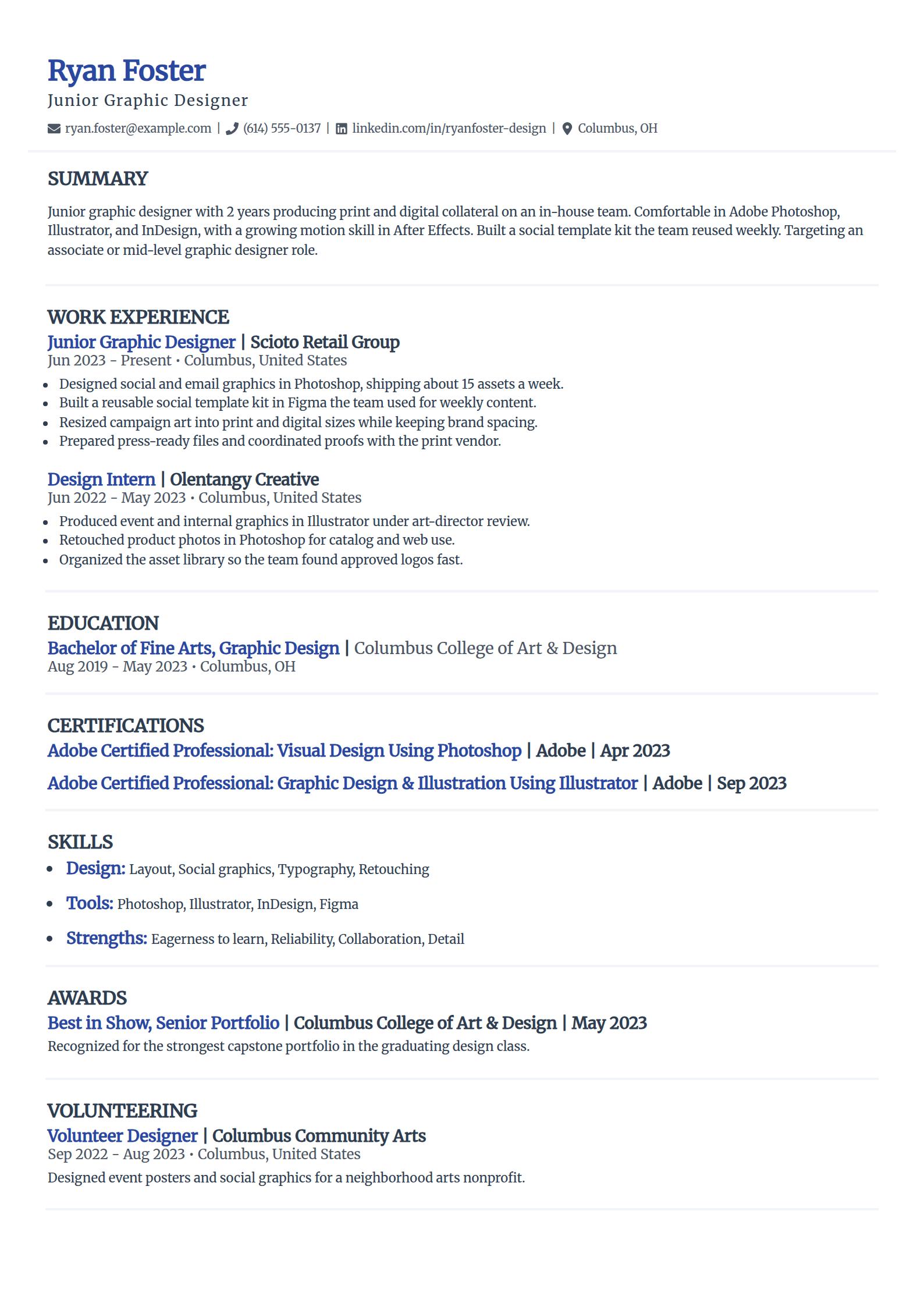 Junior and associate graphic designer resume example in the Elegant template