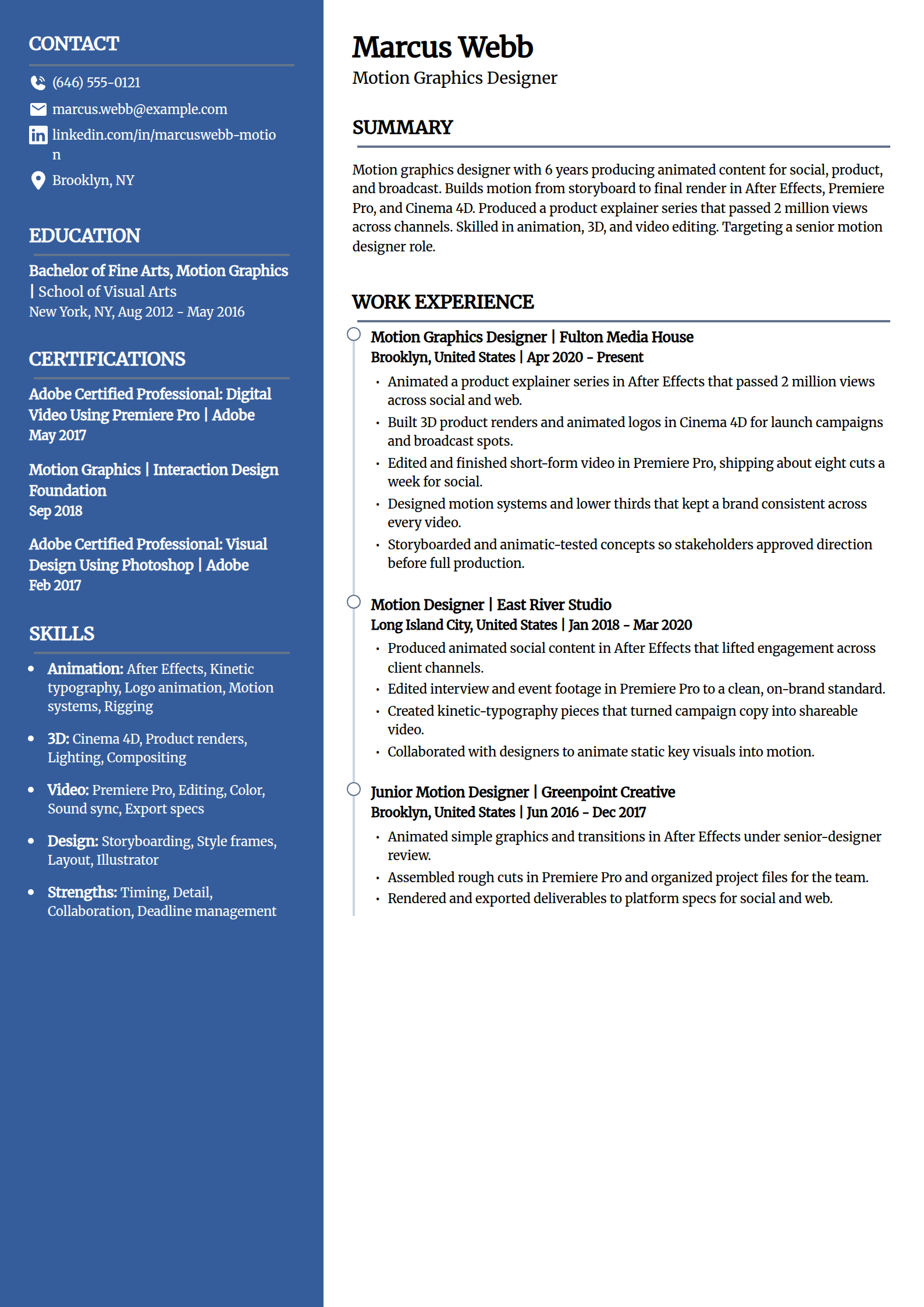 Motion graphics designer resume example in the Creative template