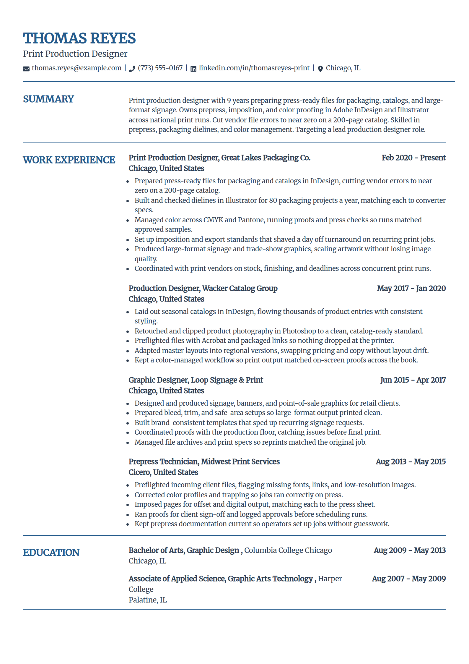 Print and production designer resume example in the Craft template