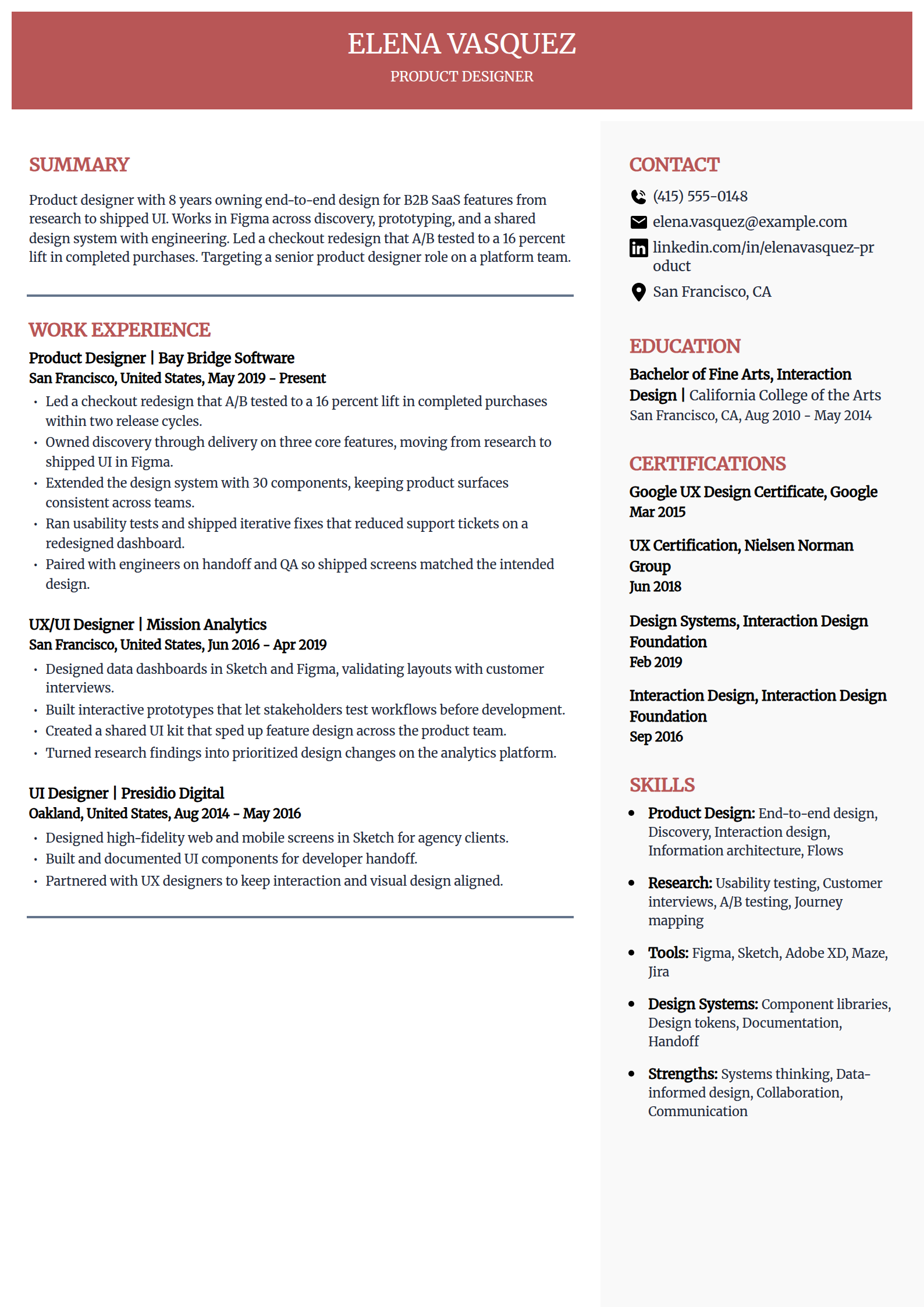 Product designer resume example in the Executive template