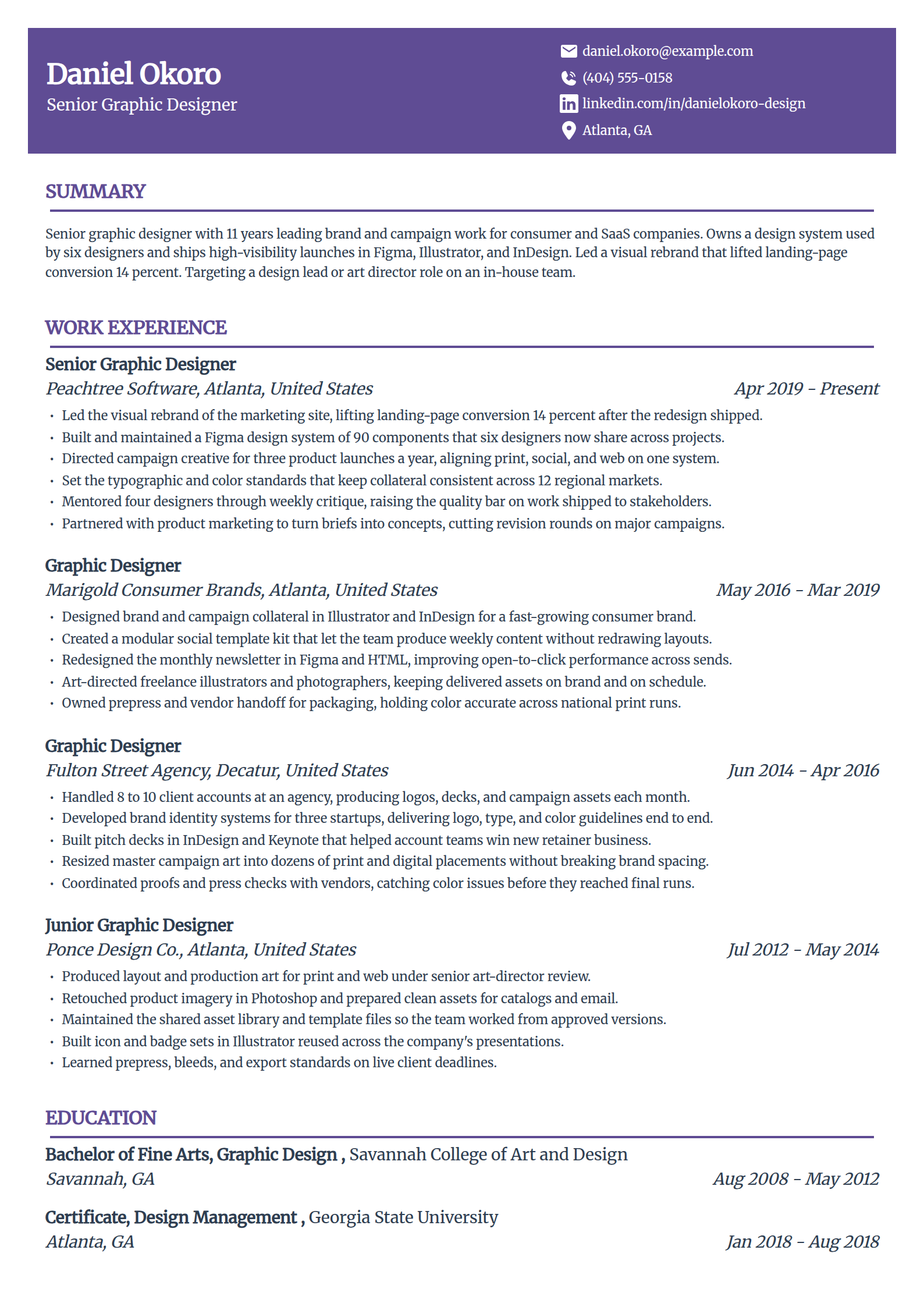 Senior graphic designer resume example in the Panorama template